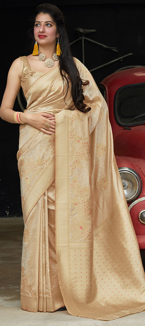 Traditional, Wedding Beige and Brown color Banarasi Silk, Silk fabric ...