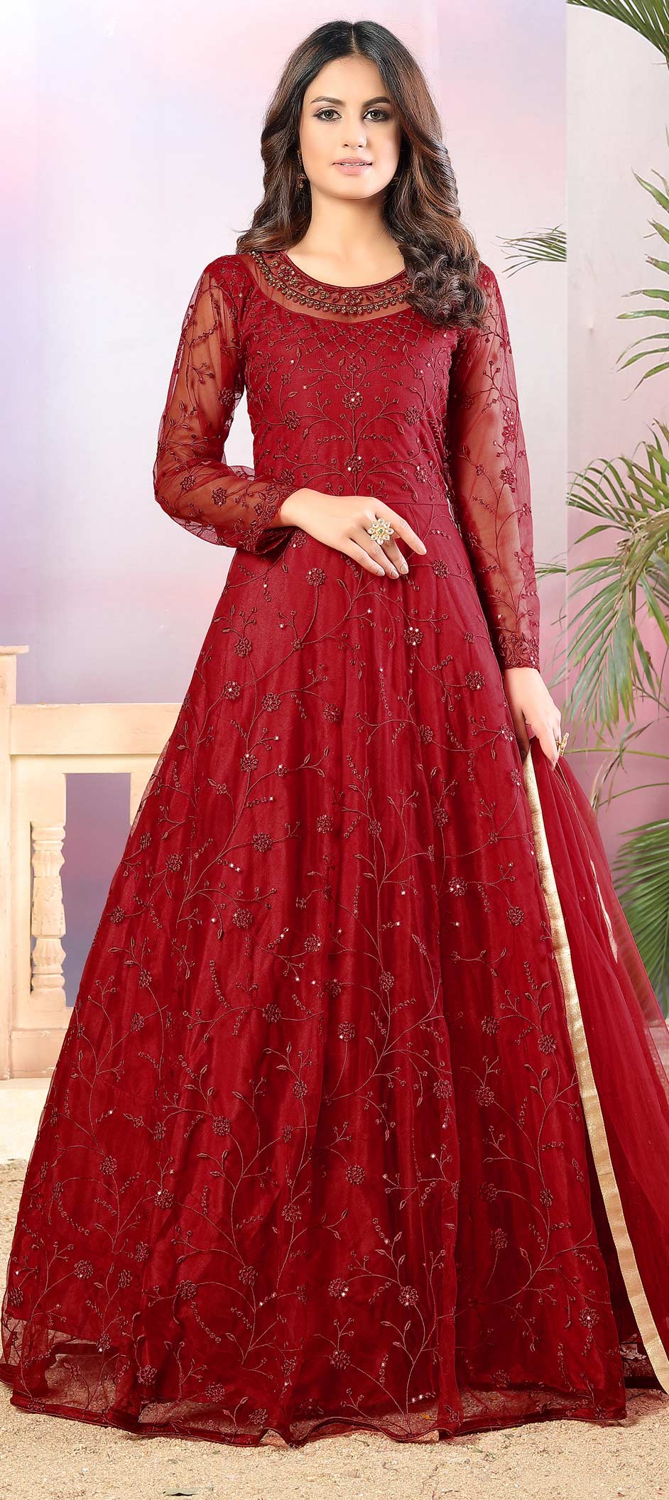 Festive, Party Wear Red and Maroon color Net fabric Salwar Kameez : 1674313