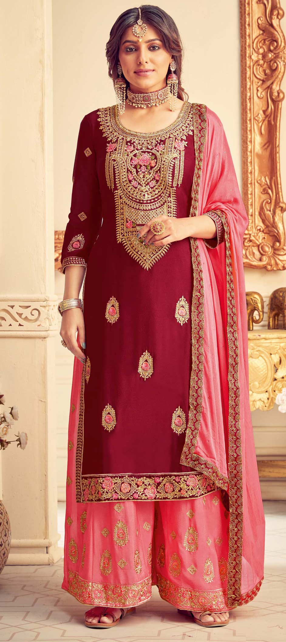 Festive, Party Wear Red and Maroon color Chiffon fabric Salwar Kameez ...