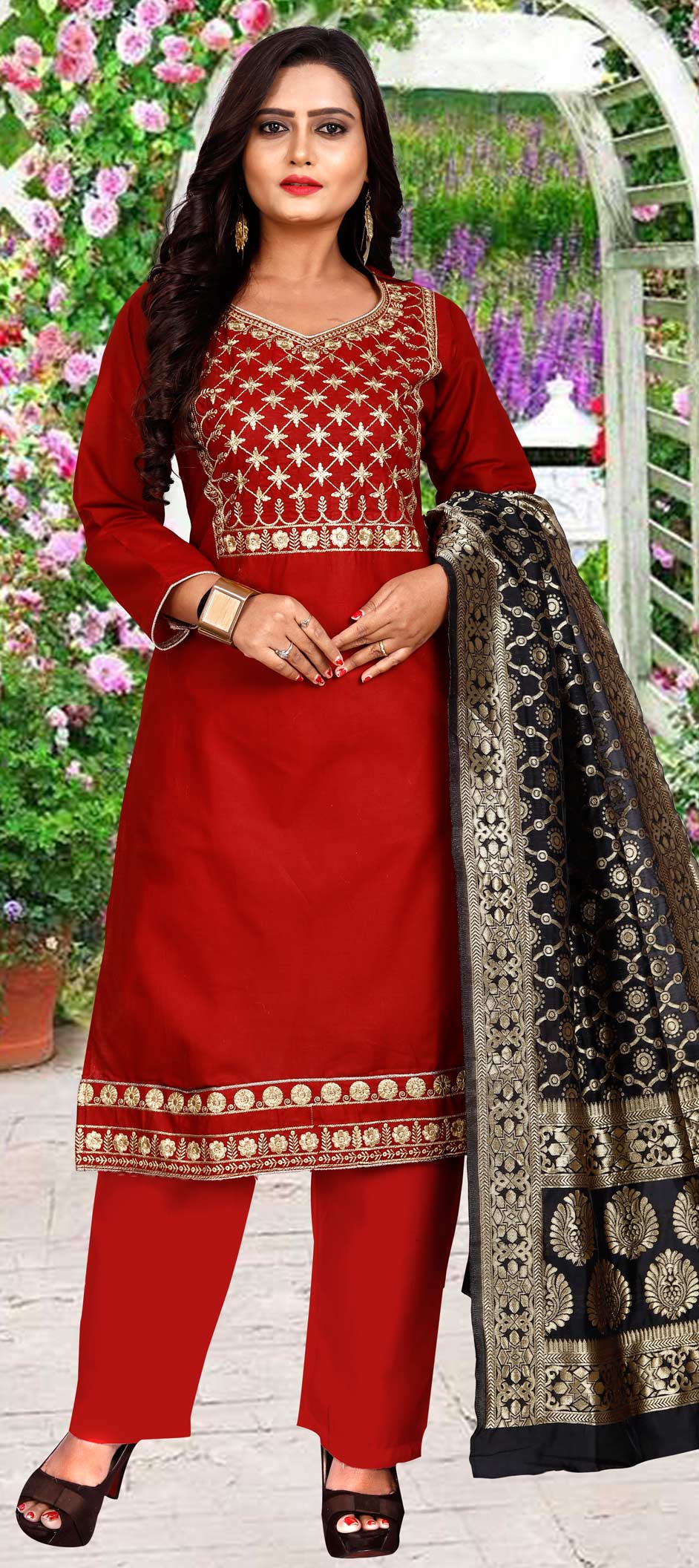 Salwar Kameez in Maroon with Resham & Thread Embroidery