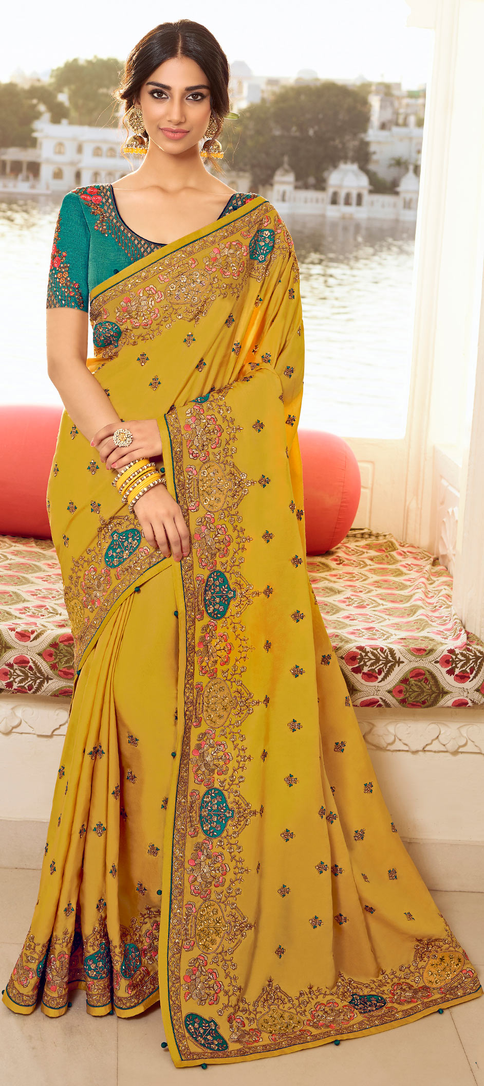 Bollywood, Traditional Yellow color Art Silk, Silk fabric Saree 1676893