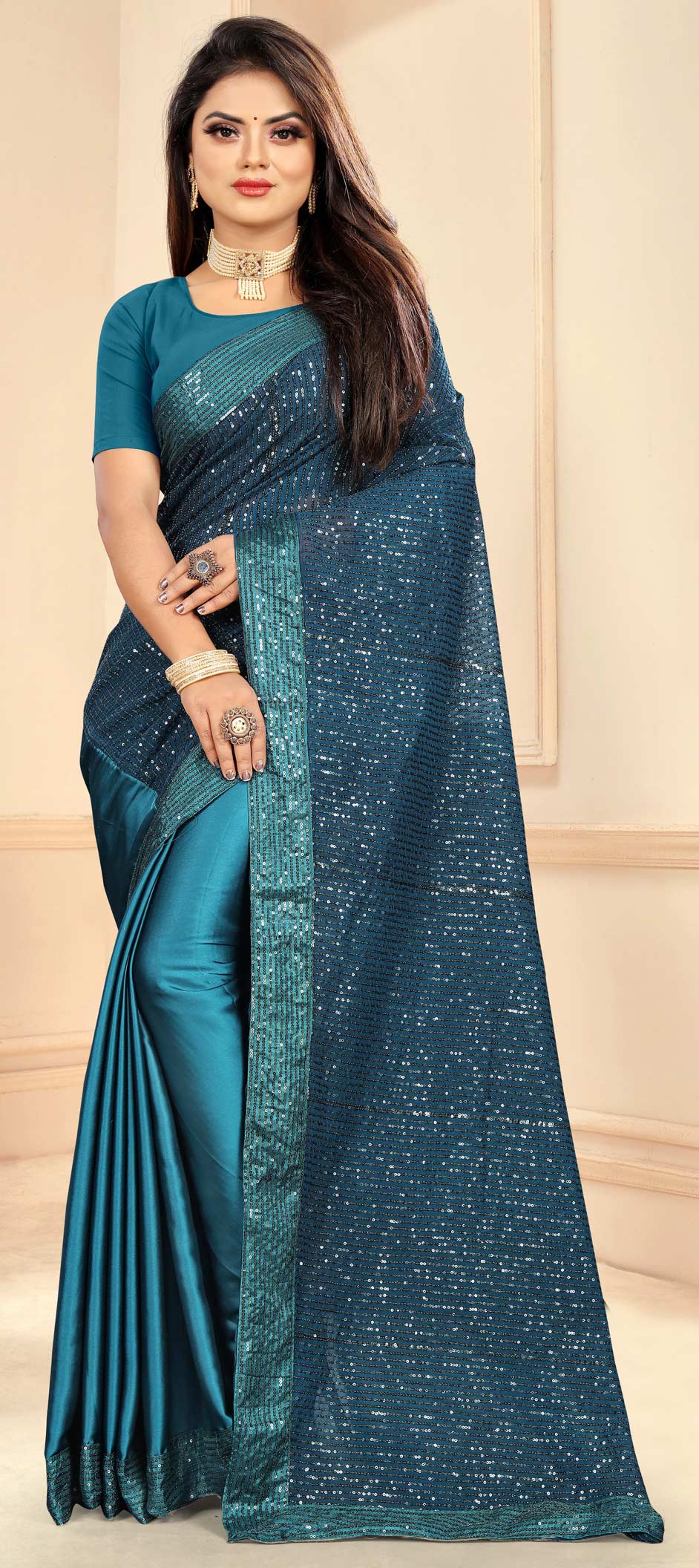Traditional Blue Color Net Satin Silk Fabric Saree