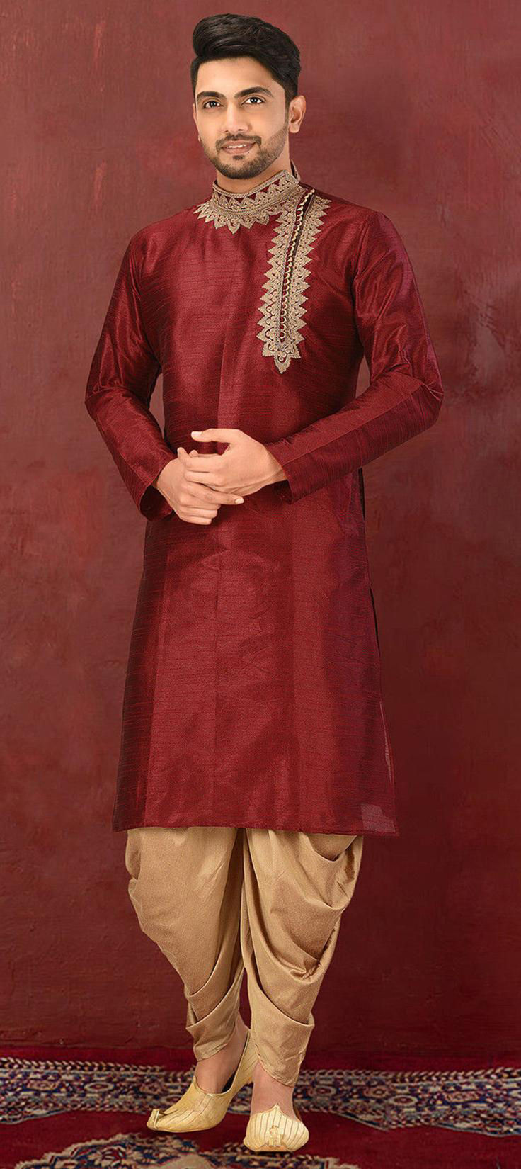 Red Kurta Dhupion Silk Dhoti main image 1