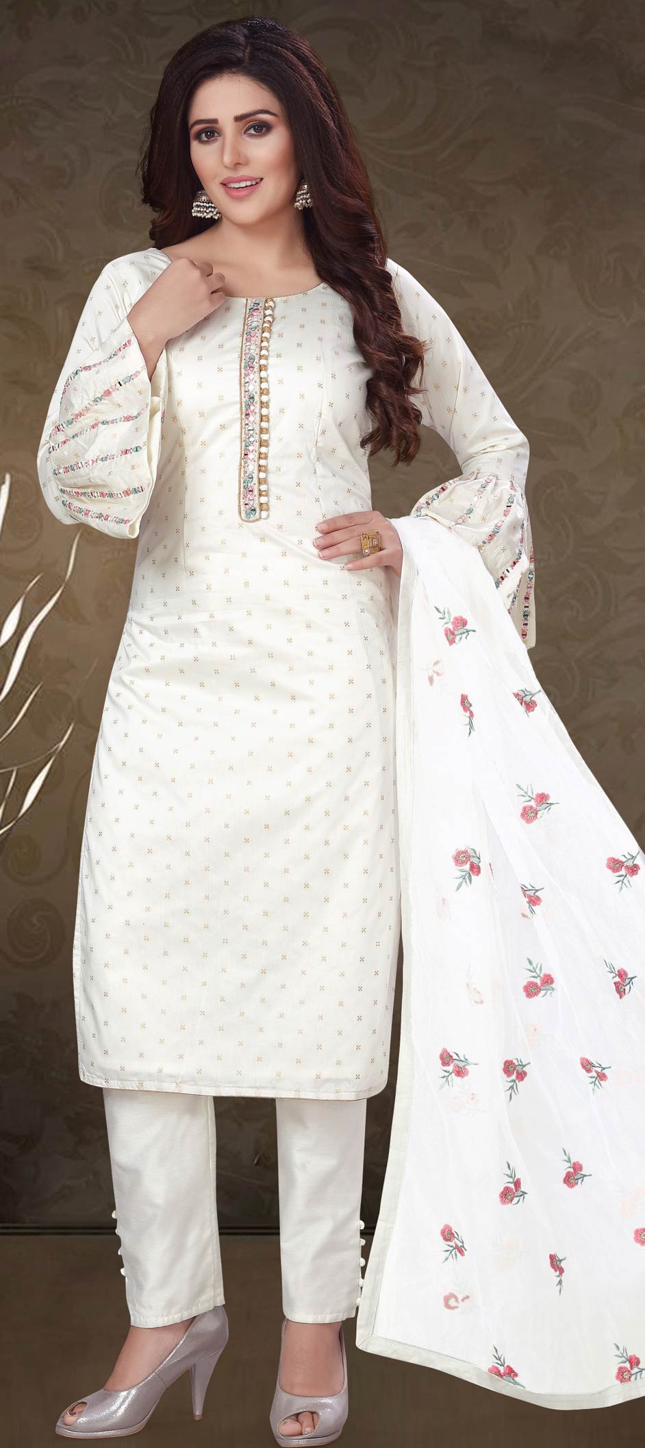 Festive, Party Wear White and Off White color Chanderi Silk fabric Salwar Kameez 1684685