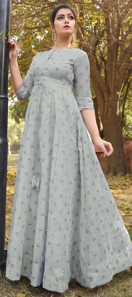 Casual Black and Grey color Chanderi Silk fabric Gown : 1685885