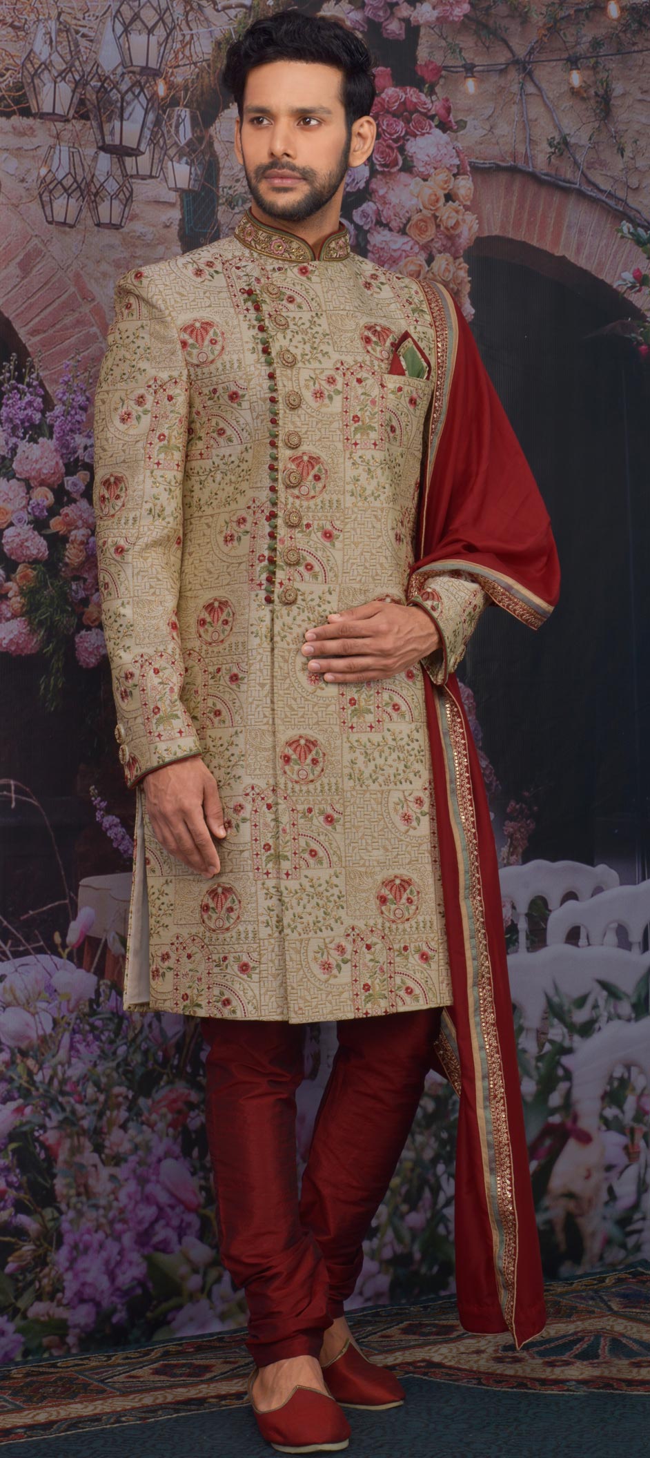 Gold Color Banarasi Silk Fabric Sherwani 1686272 6232