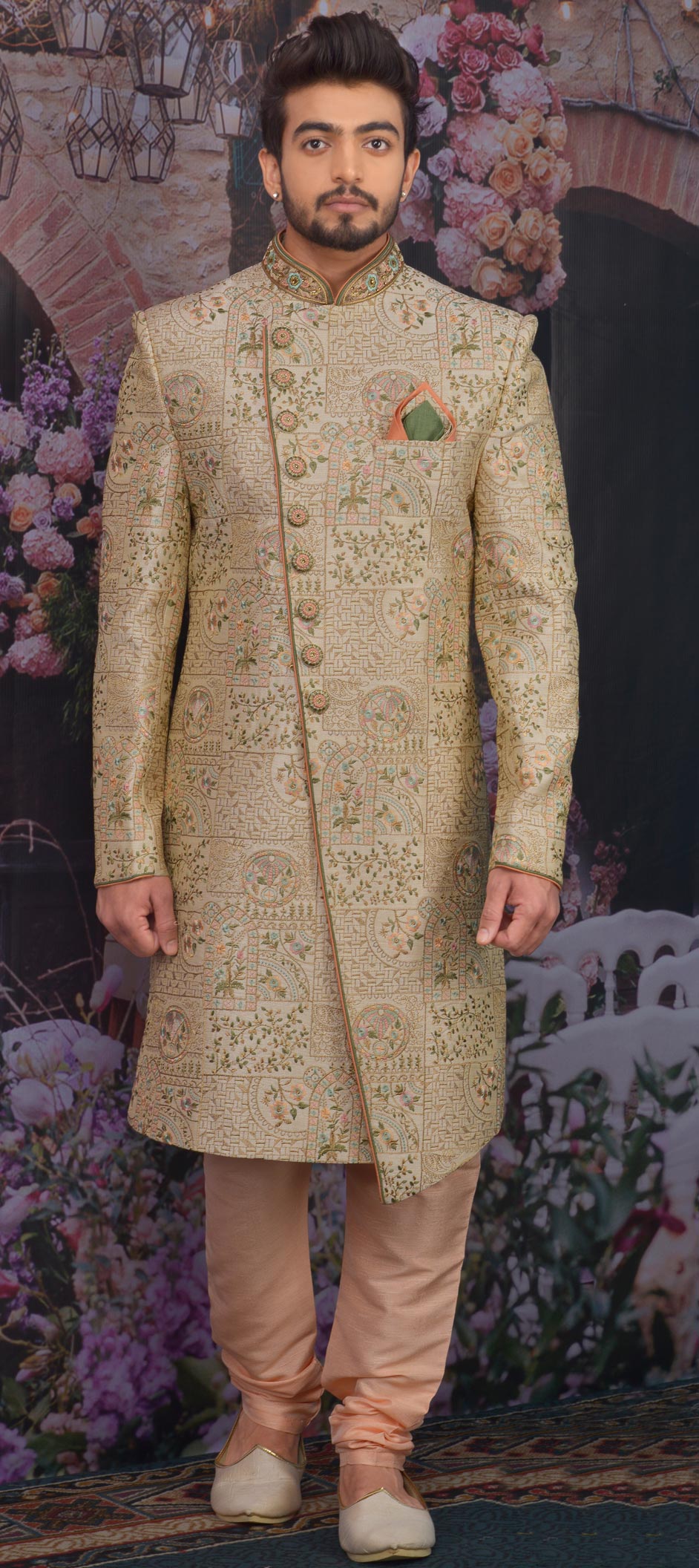 Gold Color Banarasi Silk Fabric Sherwani 1686273 2341