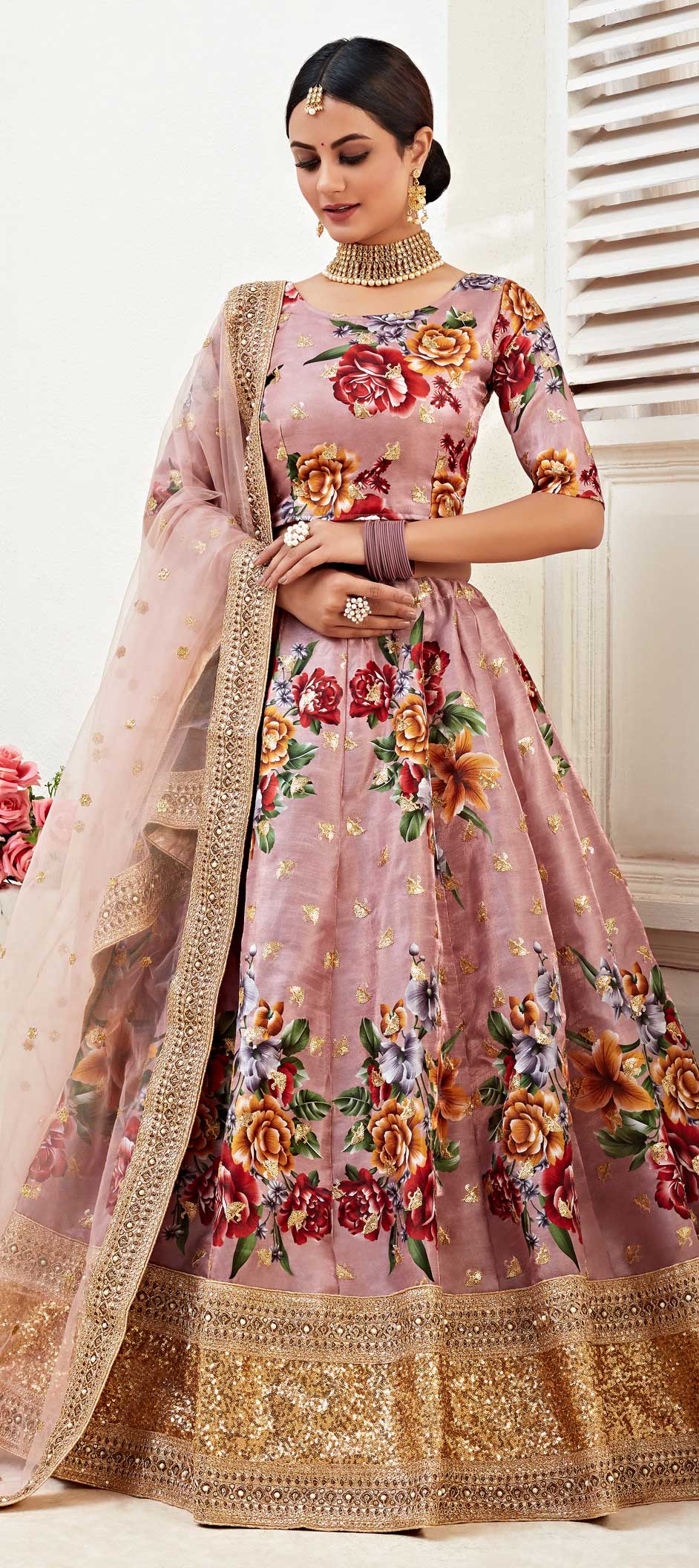 Pranali Sage Green Handwork Floral Printed Georgette Lehenga