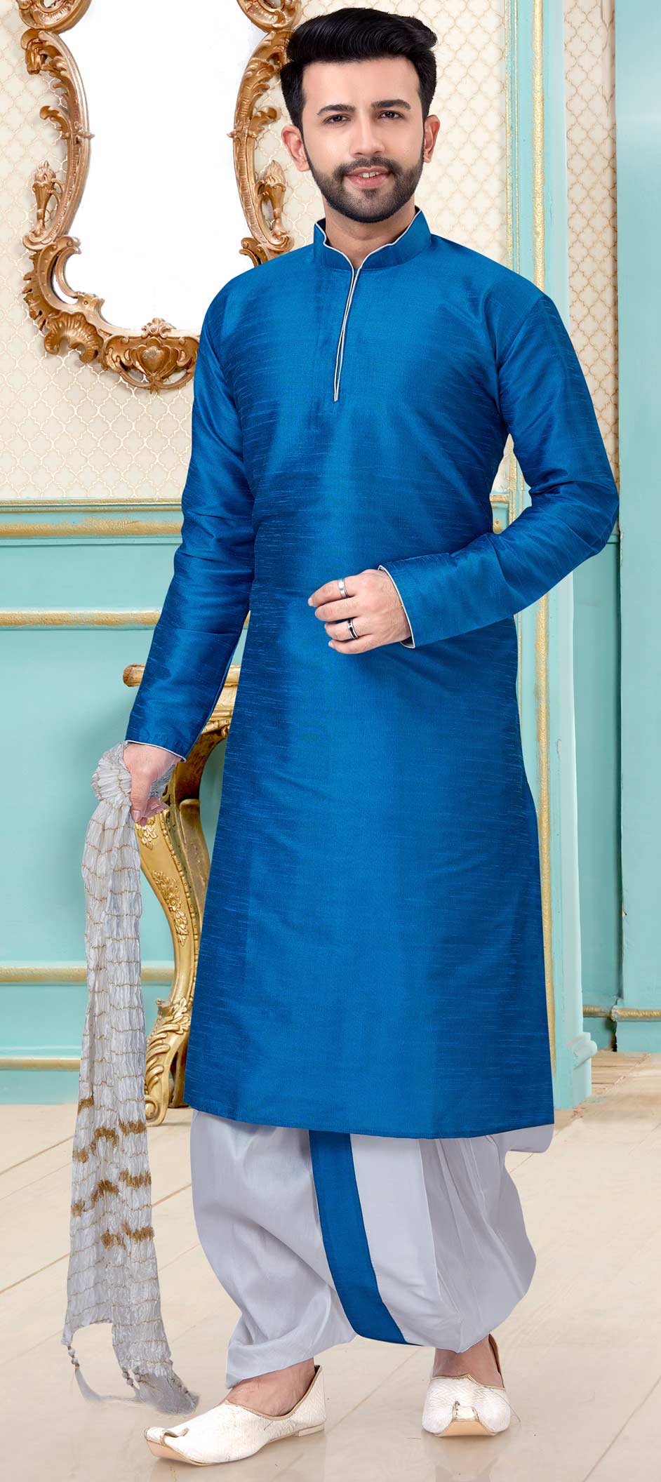 Blue color Dupion Silk fabric Dhoti Kurta : 1687872