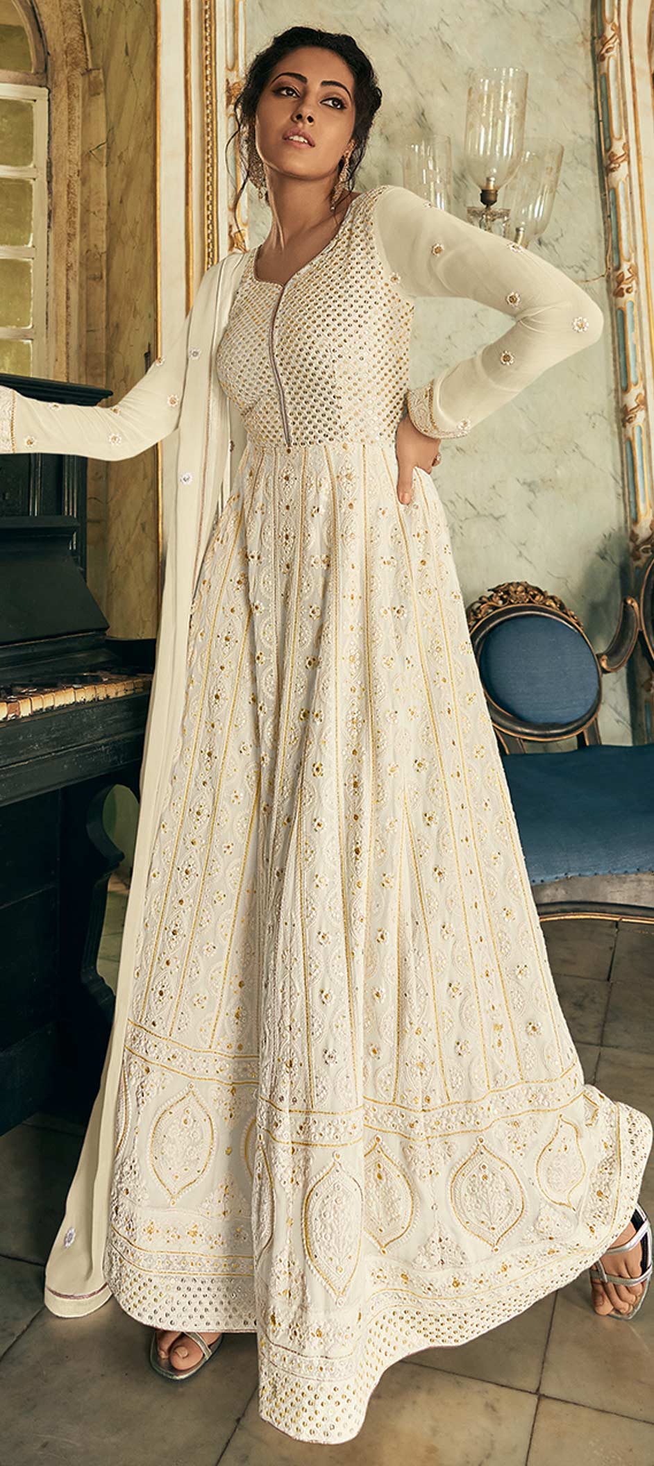 Off White Organza Chiffon Embroidered Festive Salwar Suit