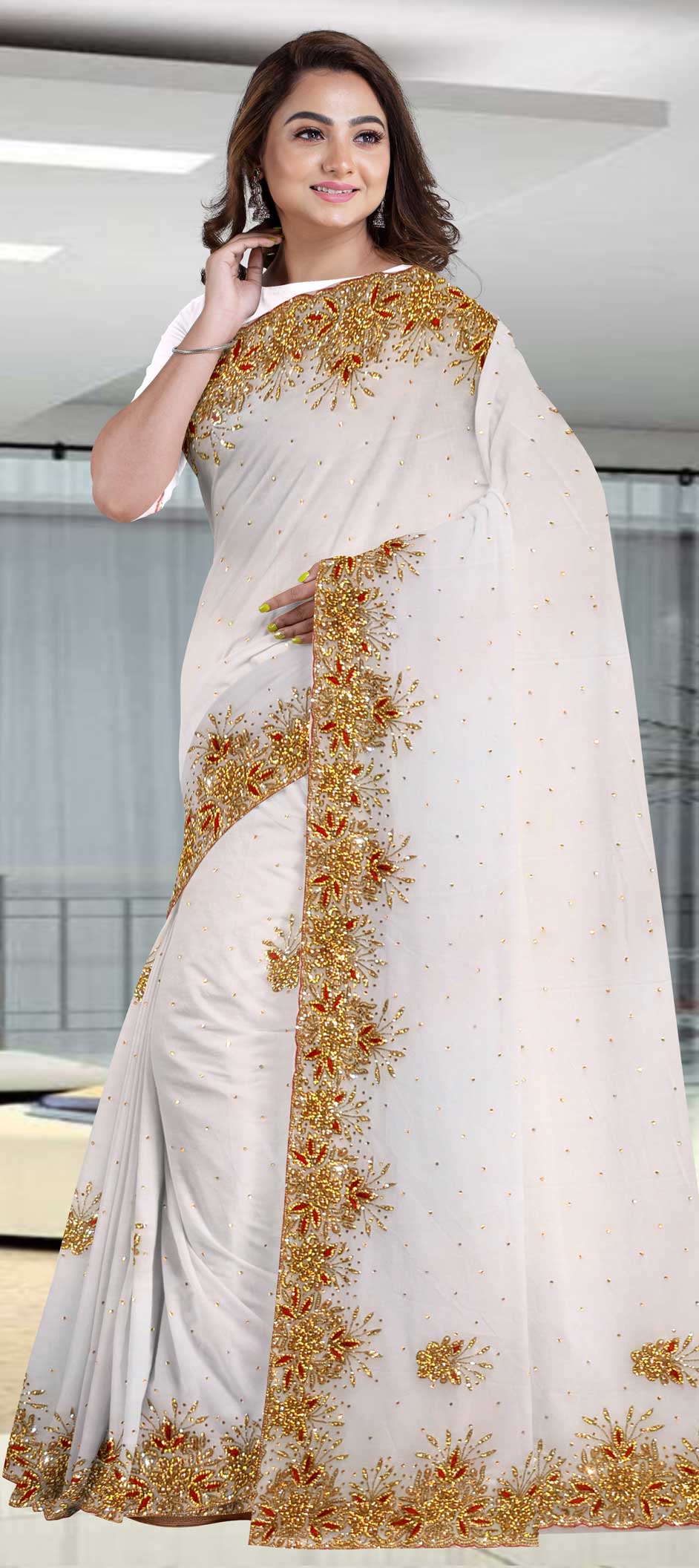 Festive, Reception, Wedding White and Off White color Georgette