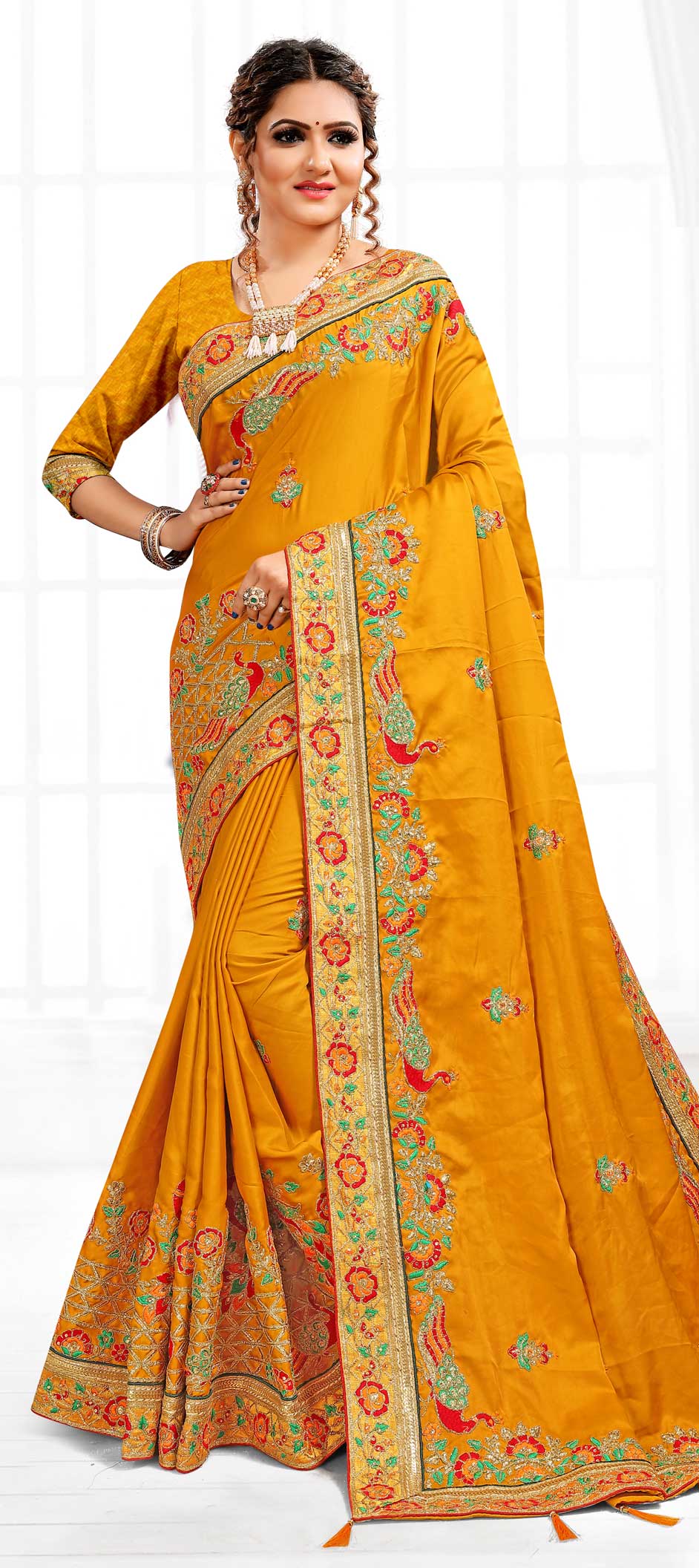 Traditional Yellow Color Satin Silk Silk Fabric Saree 1696001