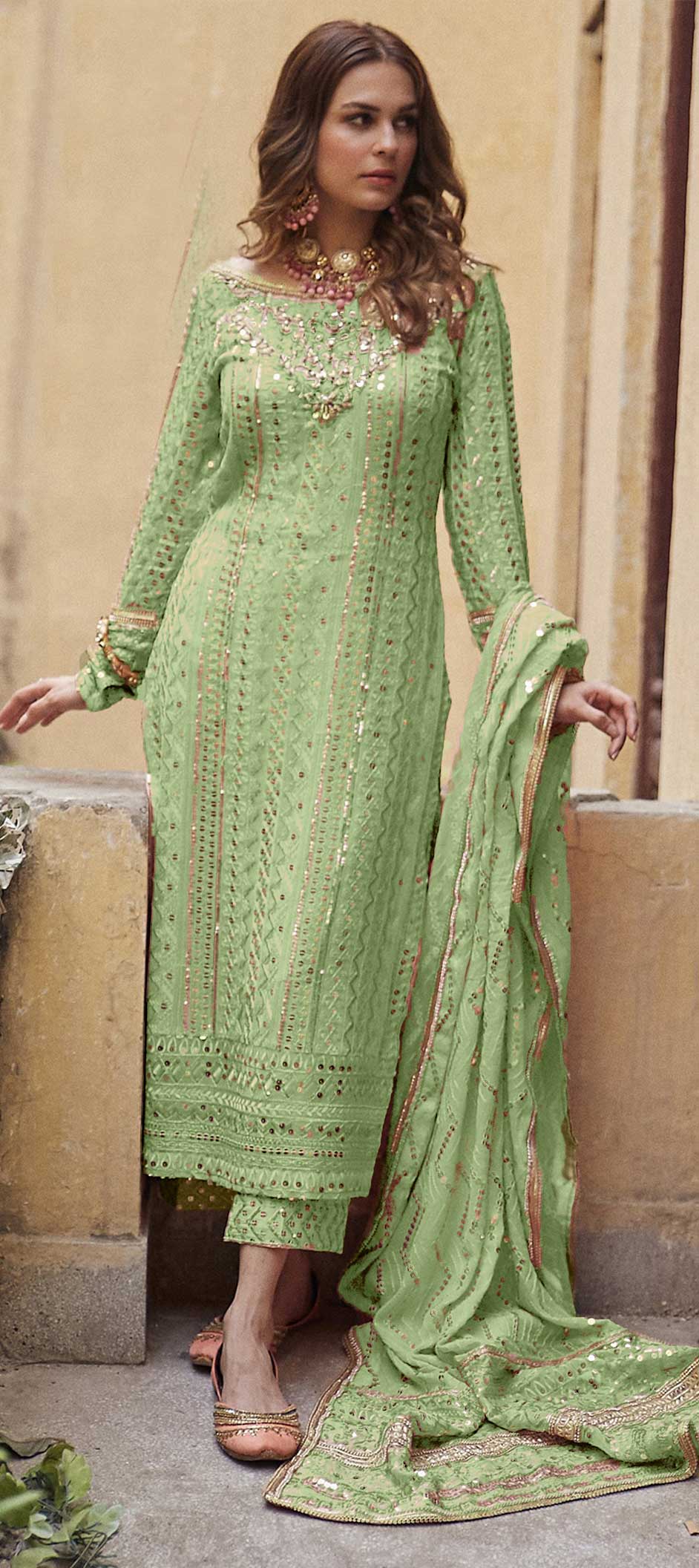 Green Straight Salwar Kameez Party wear Georgette Designer Suit fabric for Girls Green Straight Salwar Kameez Party wear Georgette Designer Suit fabric for Girls