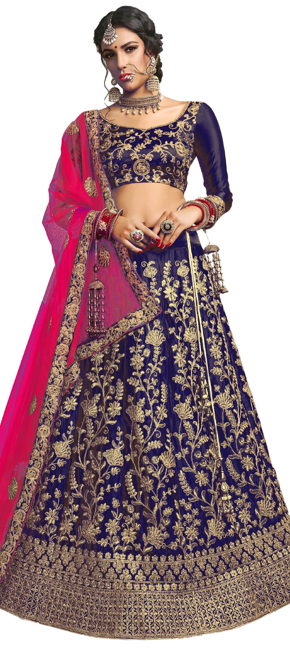 Buy Inddus Navy Blue & Pink Embellished Semi Stitched Lehenga & Blouse With  Dupatta - Lehenga Choli for Women 9438279 | Myntra