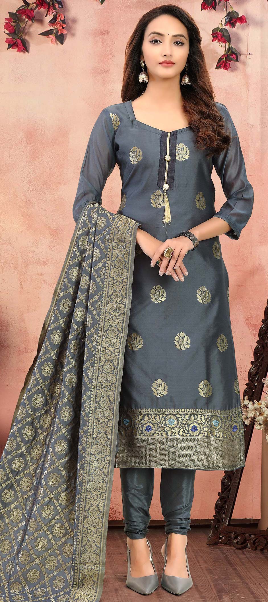 Salwar Kameez in Grey Banarasi silk with Weaving - SK153126