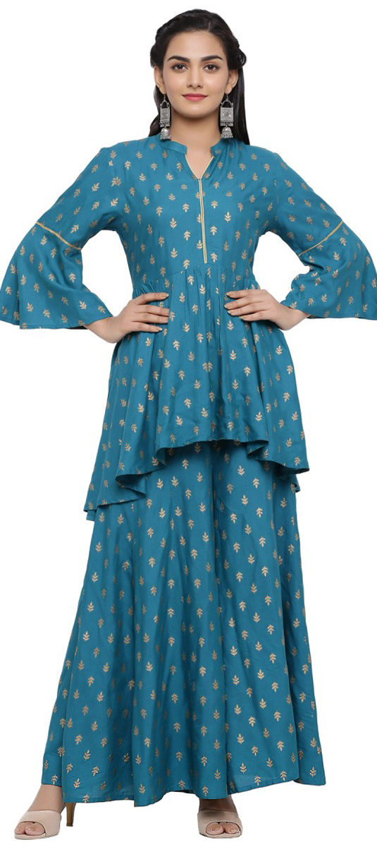 Party Wear Blue color Rayon fabric Tunic with Bottom : 1700519