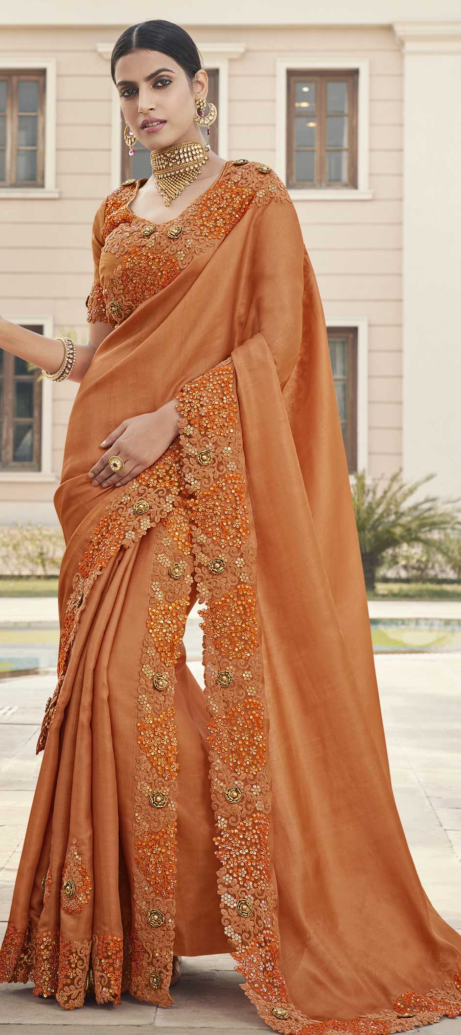 Party Wear, Wedding Orange color Satin Silk fabric Saree : 1703663