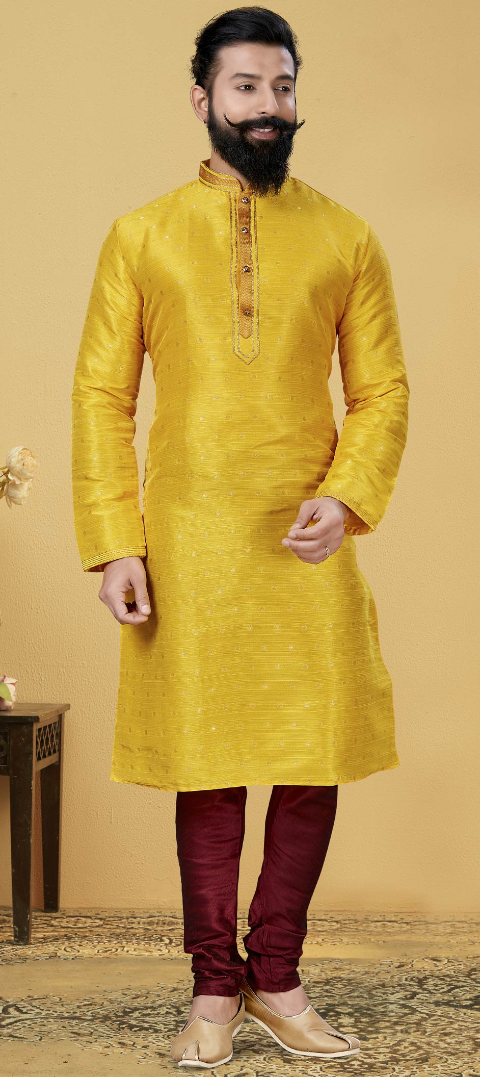Yellow Designer Readymade Silk Kurta Payjama With Designer Printed Work