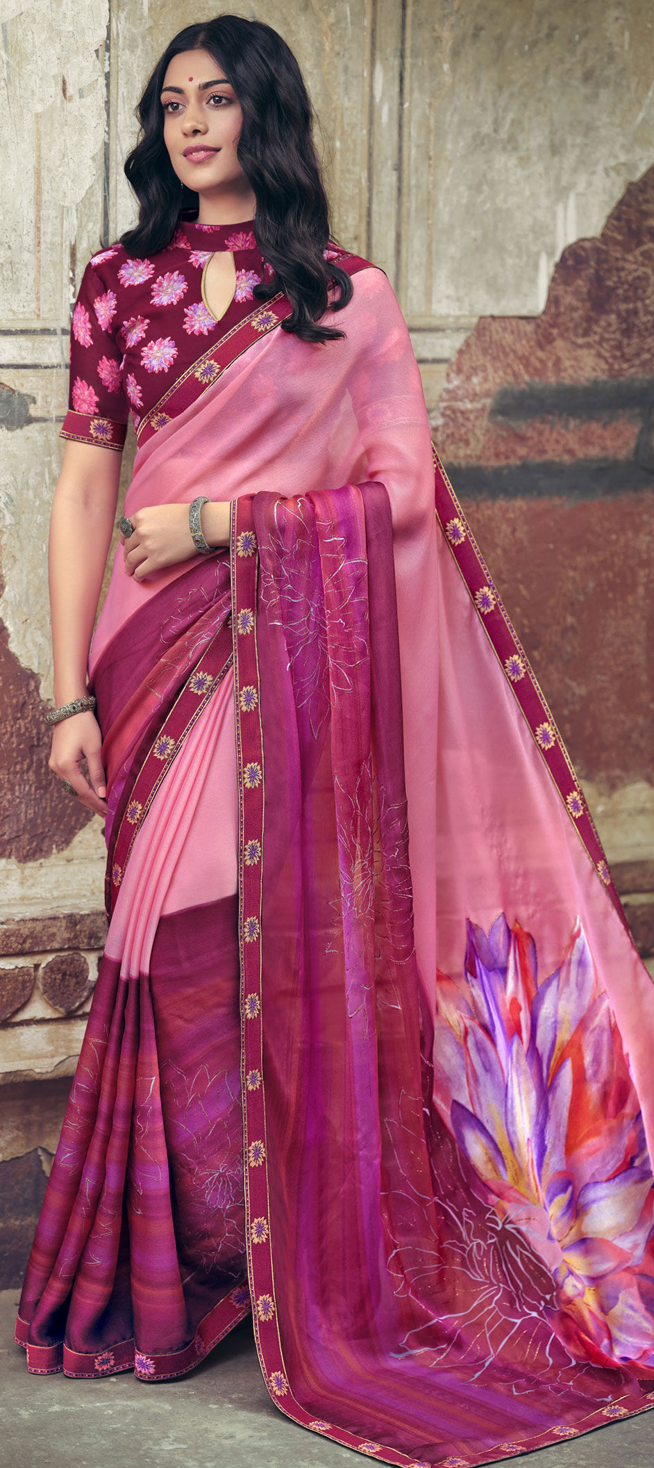 Red Chiffon Ready To Wear Designer Solid Partywear Saree