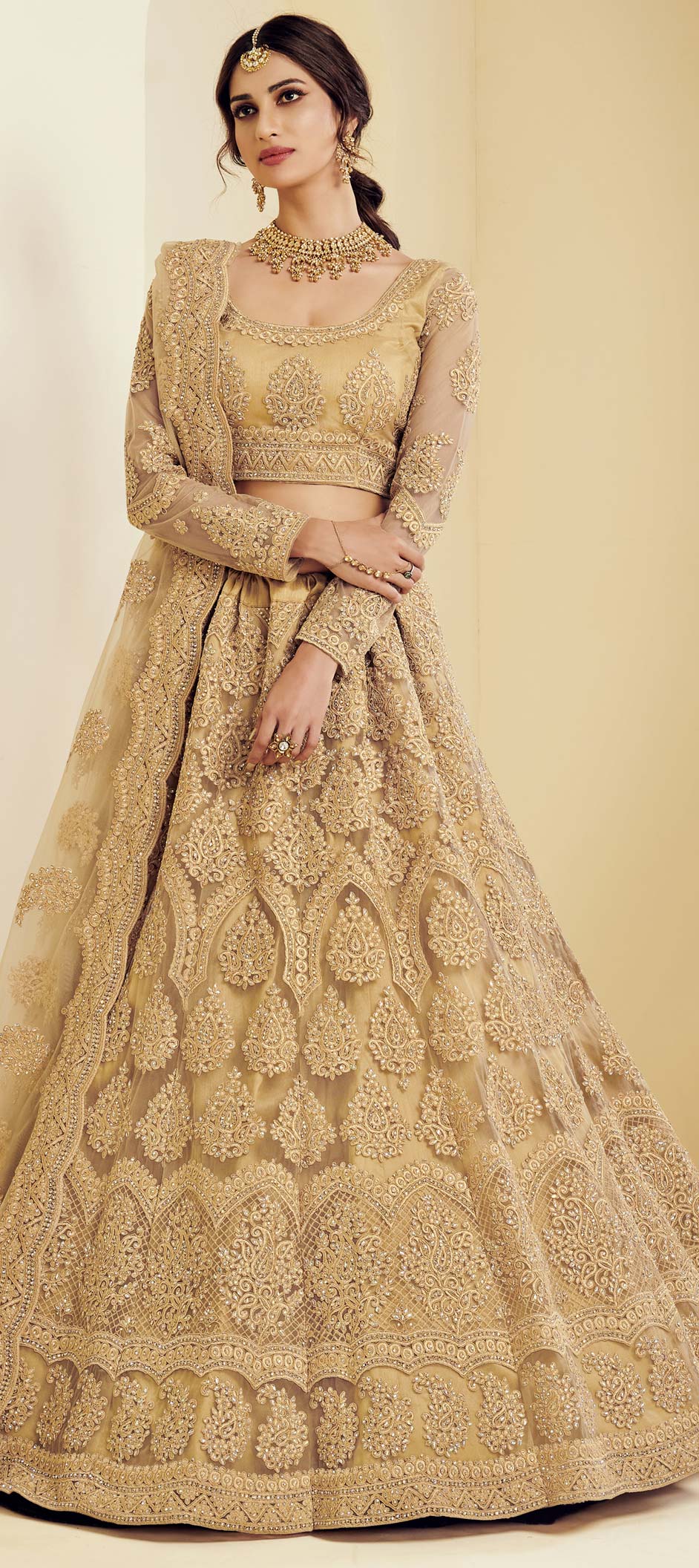 Festive, Wedding Gold color Net fabric Lehenga : 1707684