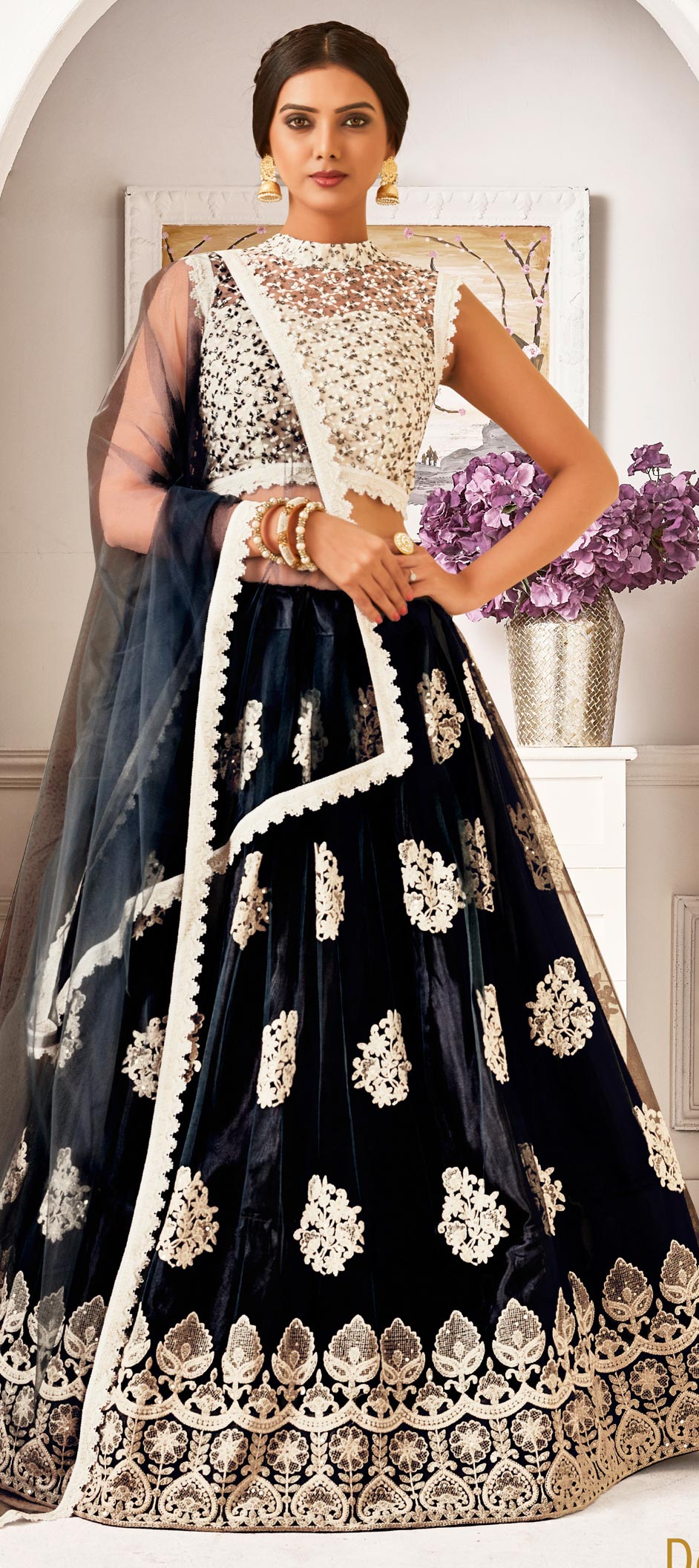 Festive, Wedding Black and Grey color Net fabric Lehenga : 1709059