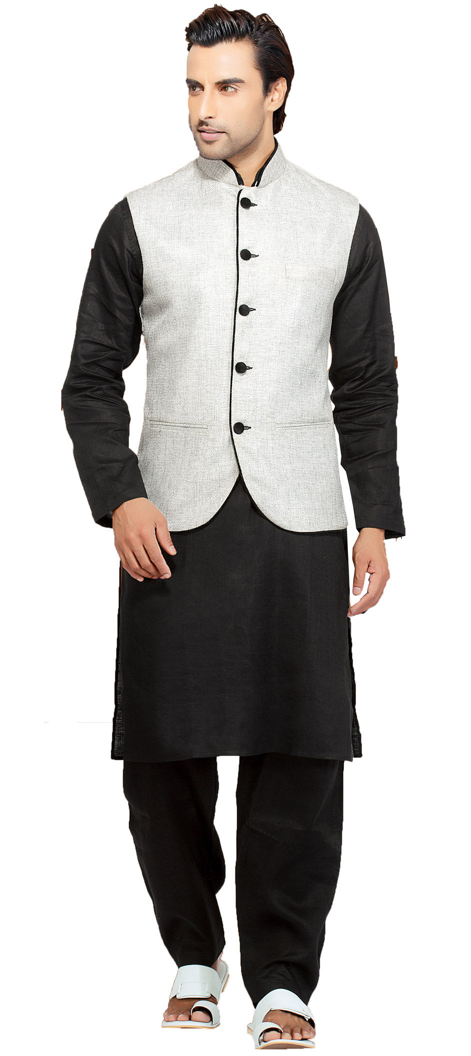 Black and Grey color Cotton fabric Pathani Suit 1710844