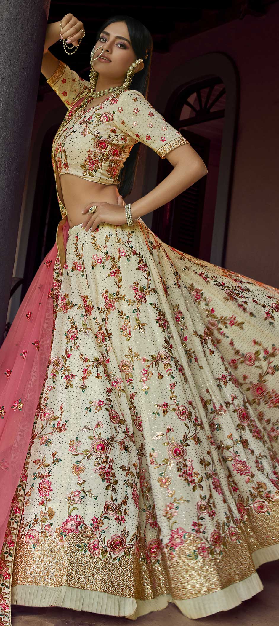 Zari Embroidered Panelled Net Lehenga In Dark Beige LLCV116570