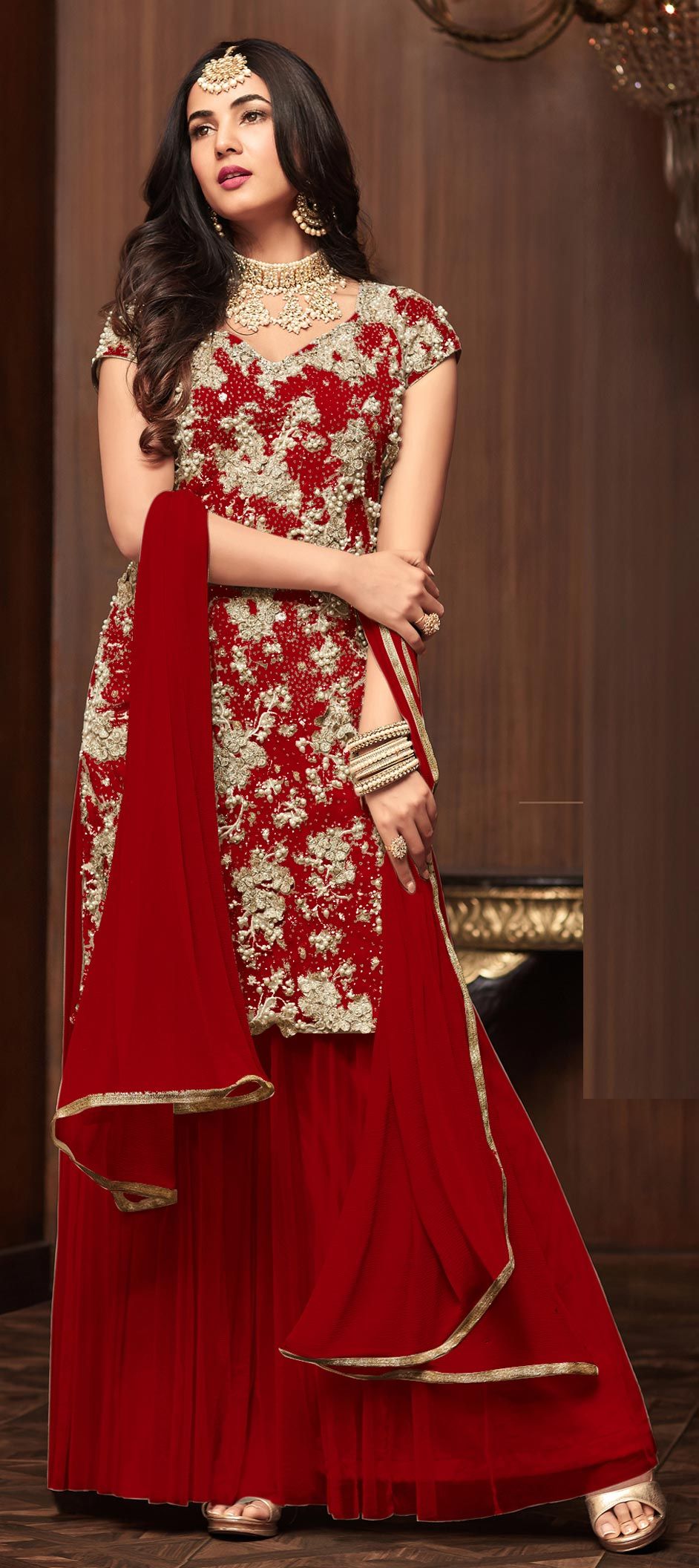 3 Piece Red Silk Readymade Suit With Ruffle Dupatta 133 – At