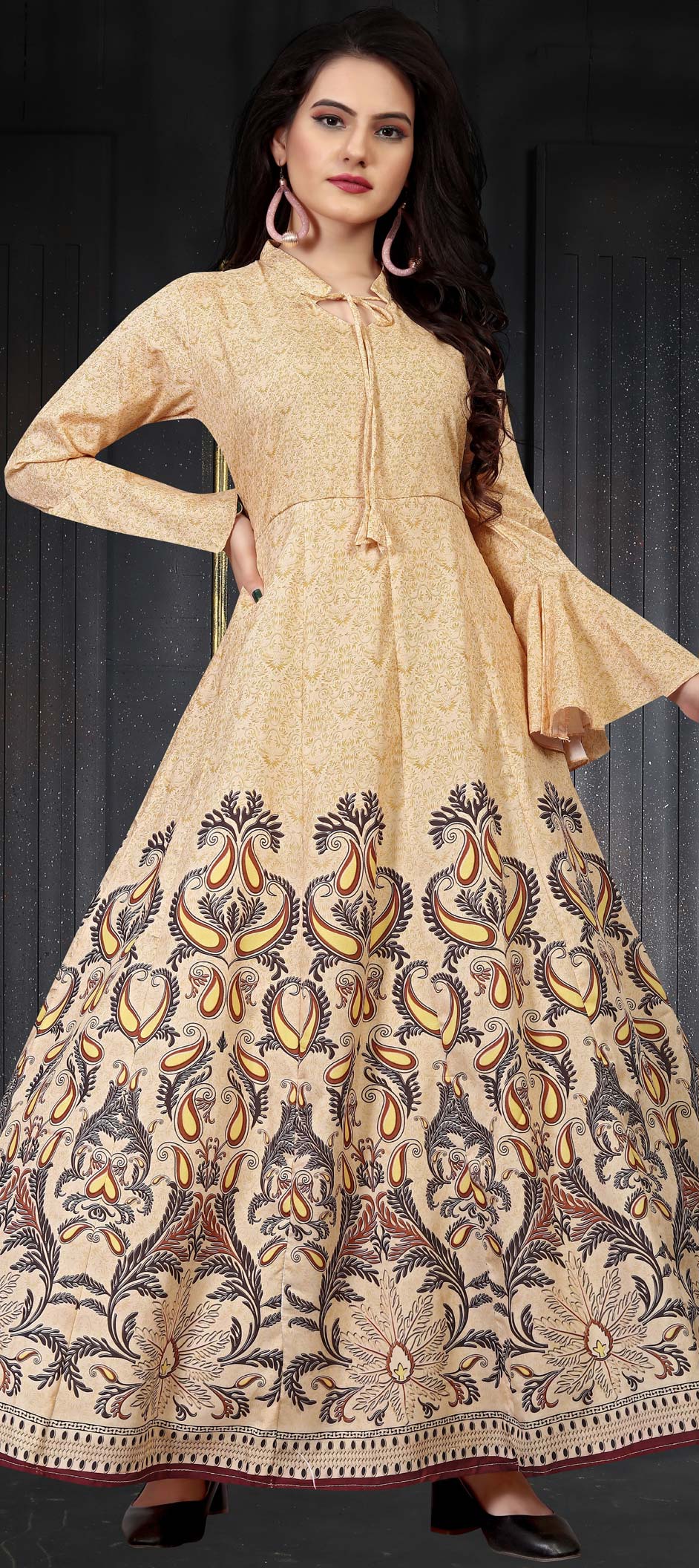 Casual Beige and Brown color Muslin fabric Gown 1721504