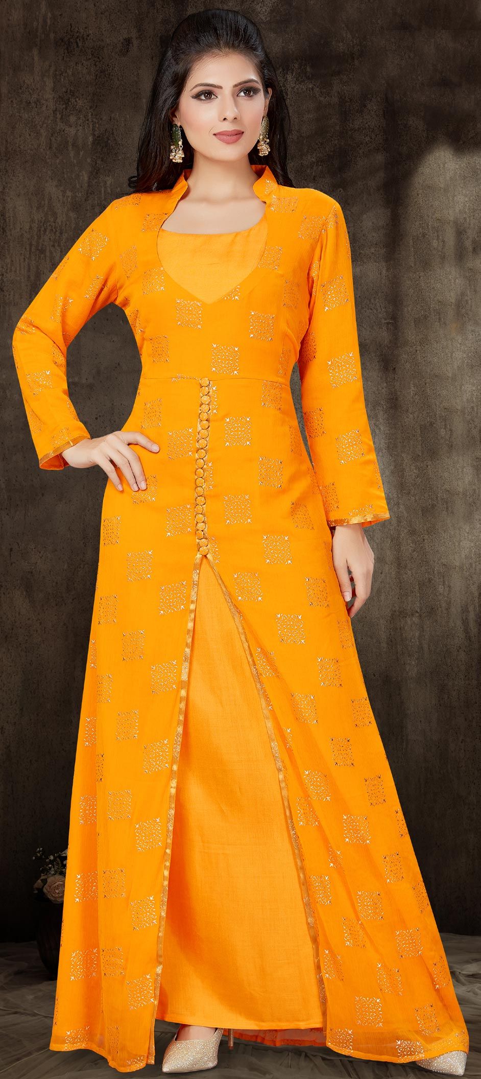 Party Wear Orange color Chiffon fabric Kurti 1722551