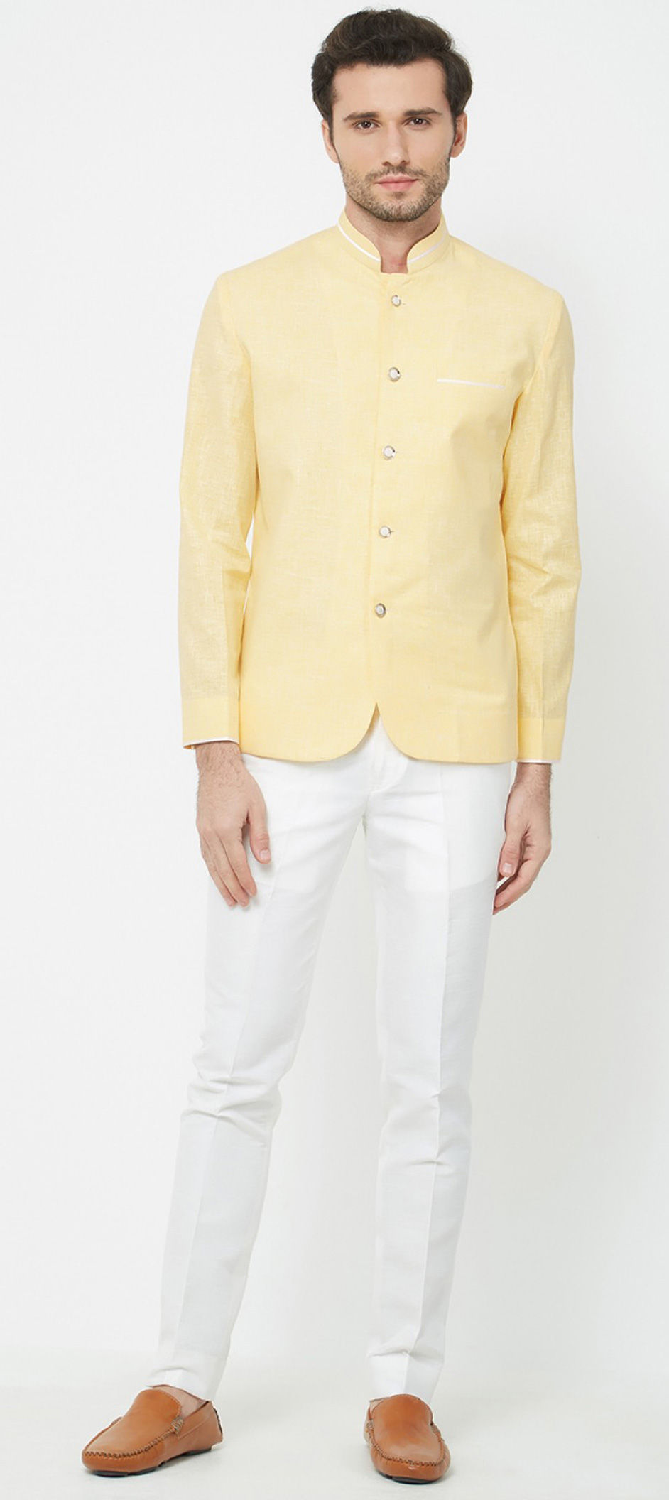 Yellow color Linen fabric Jodhpuri Suit : 1724224