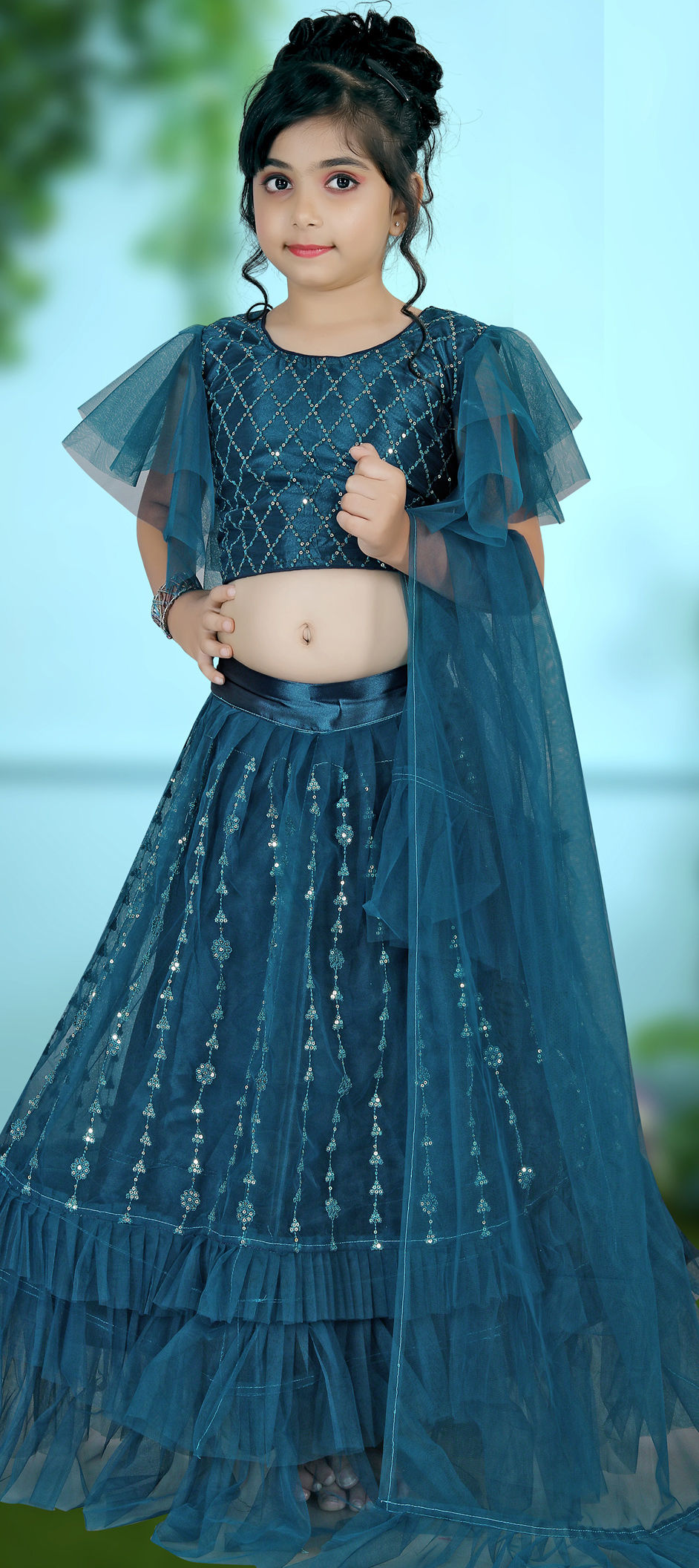 Buy Blue Shaded Net Embroidered Kids Lehenga Choli Online