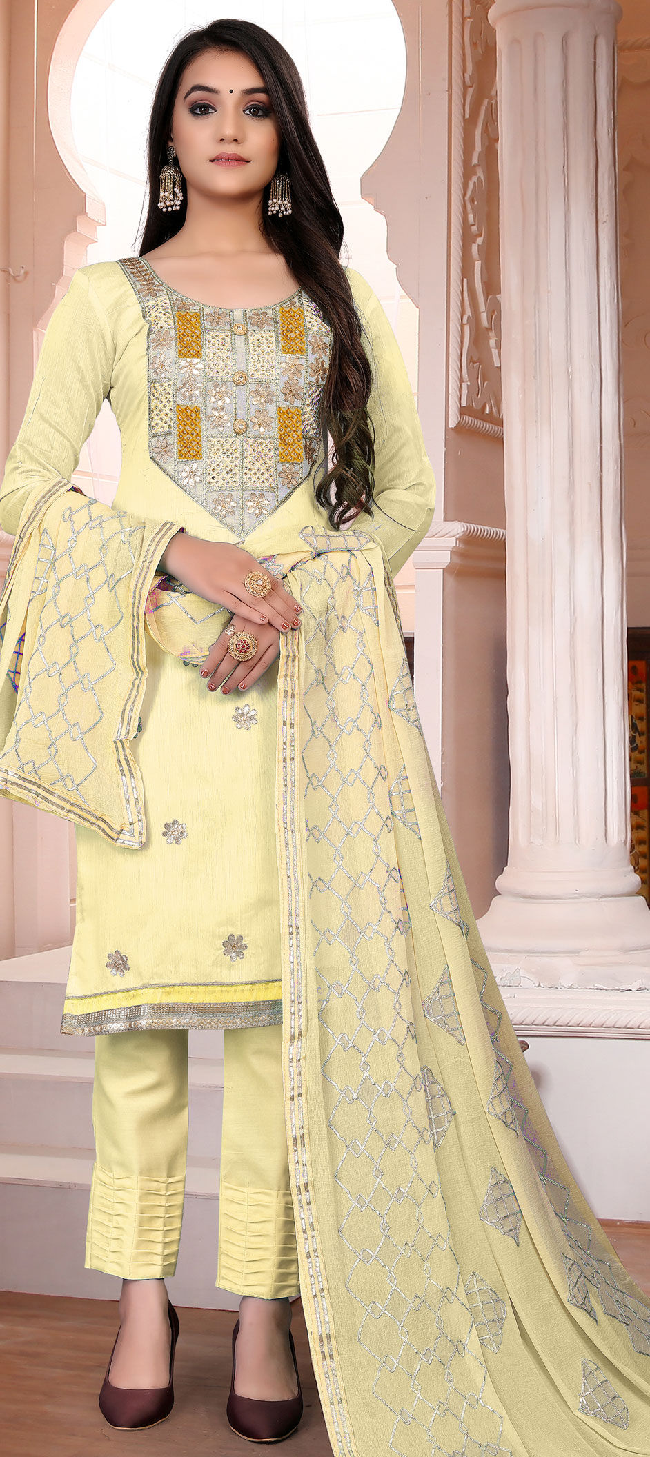 Yellow White Chanderi Salwar Suit With Resham Detailing