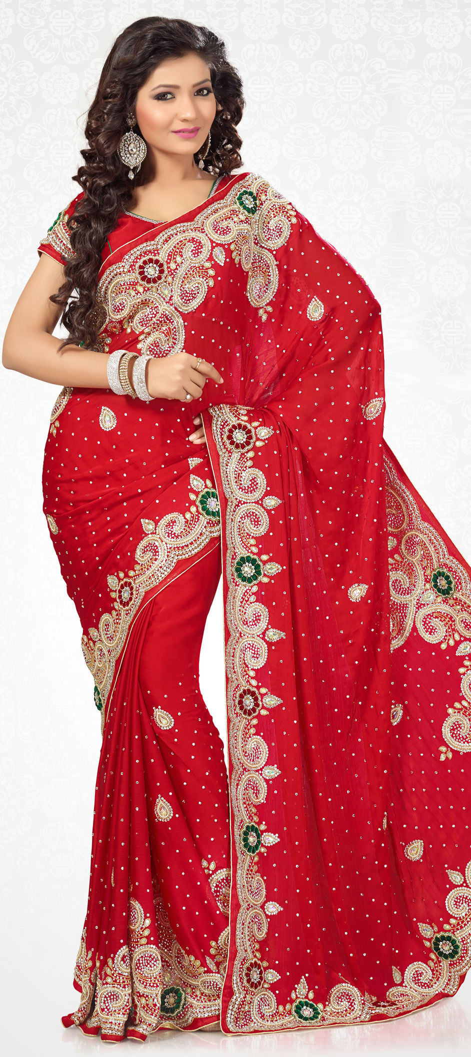 red color stone work sarees