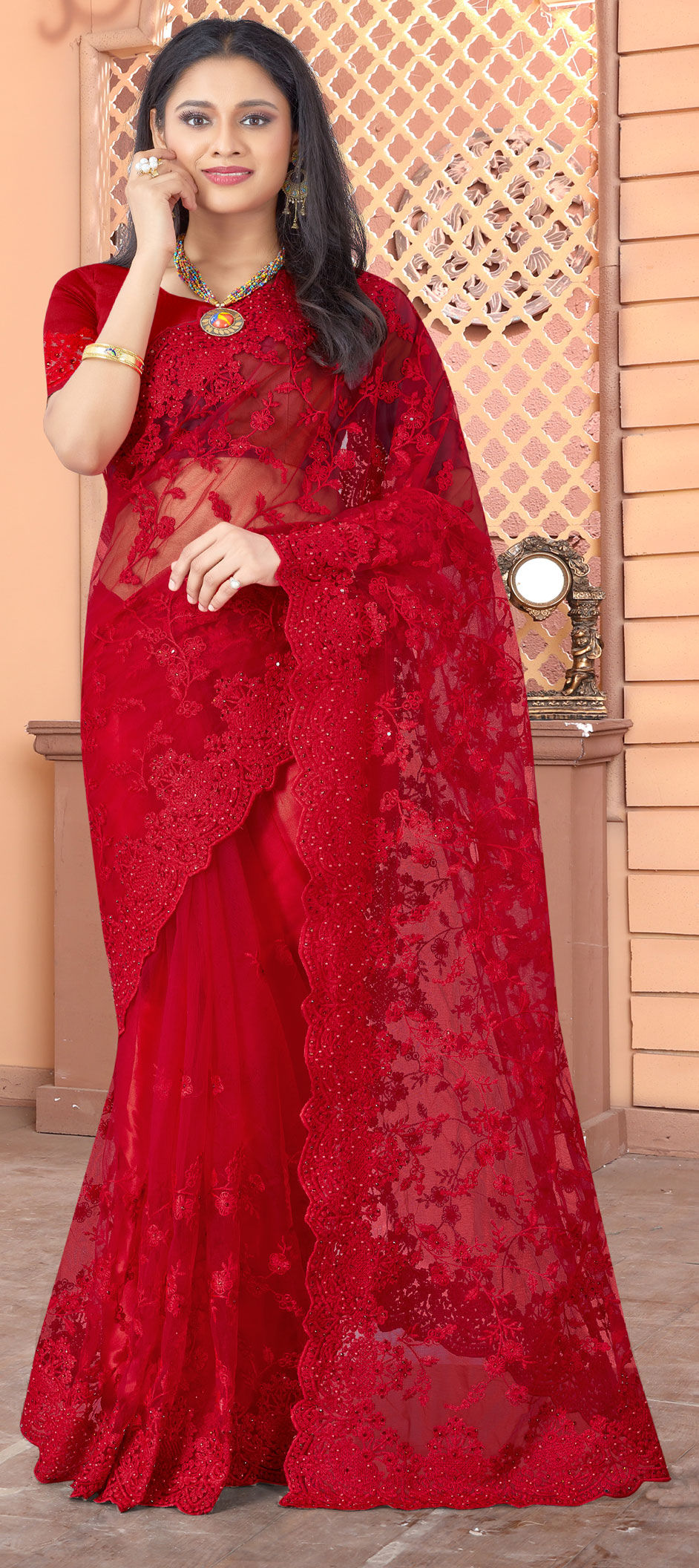 Festive, Party Wear Red and Maroon color Net fabric Saree : 1733090