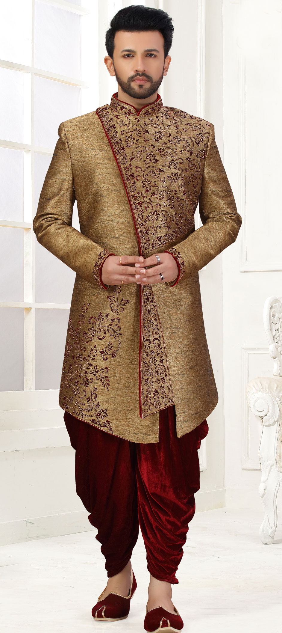 Buy Black and Coffee Silk Blend Sherwani with Dhoti (Set of 2) Online at  Jaypore.com