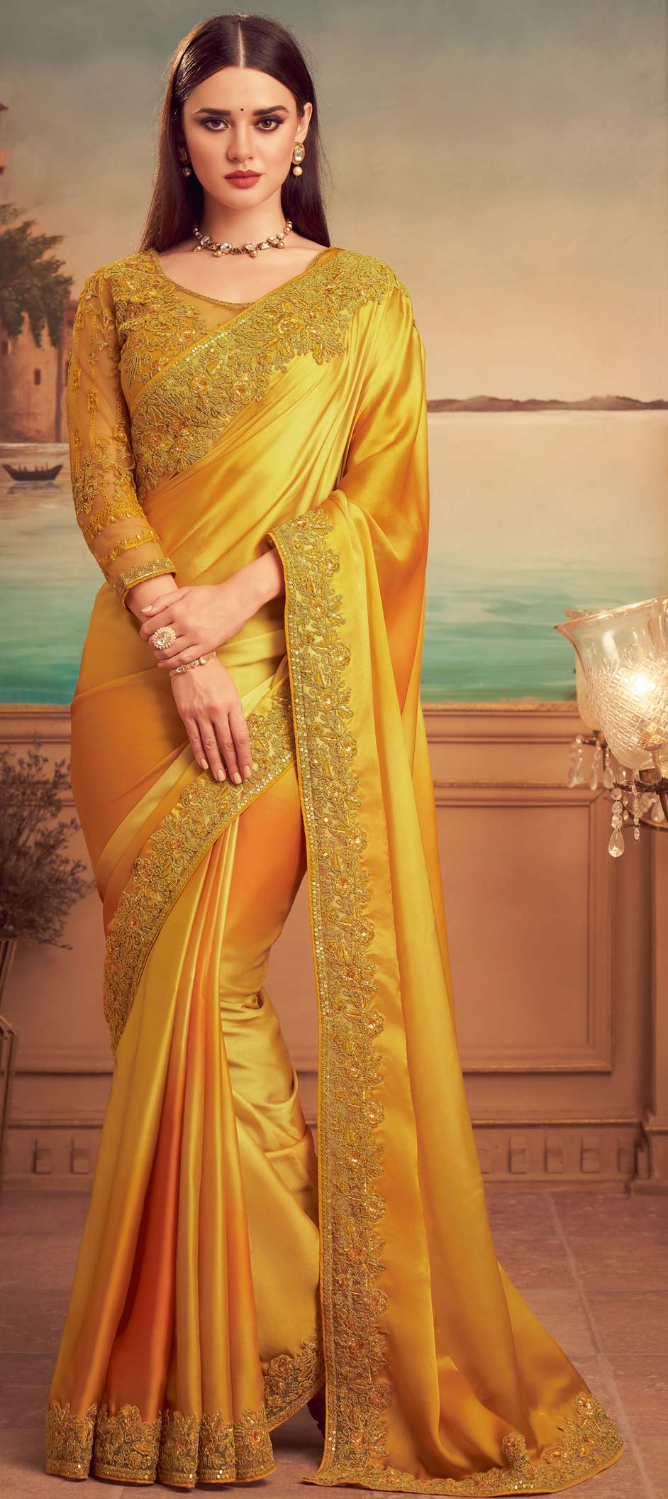 Traditional Wedding Yellow Color Organza Silk Fabric Saree 1735681