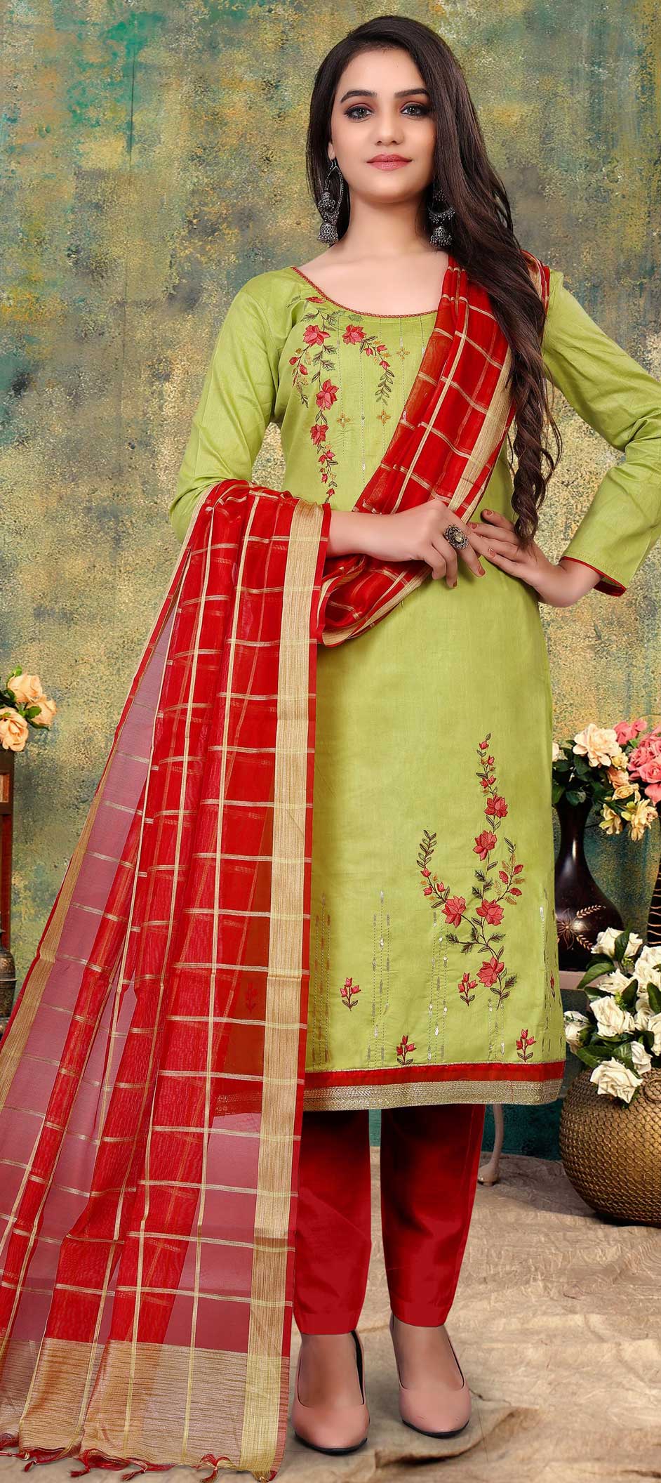 Festive, Party Wear Green color Cotton fabric Salwar Kameez 1744247