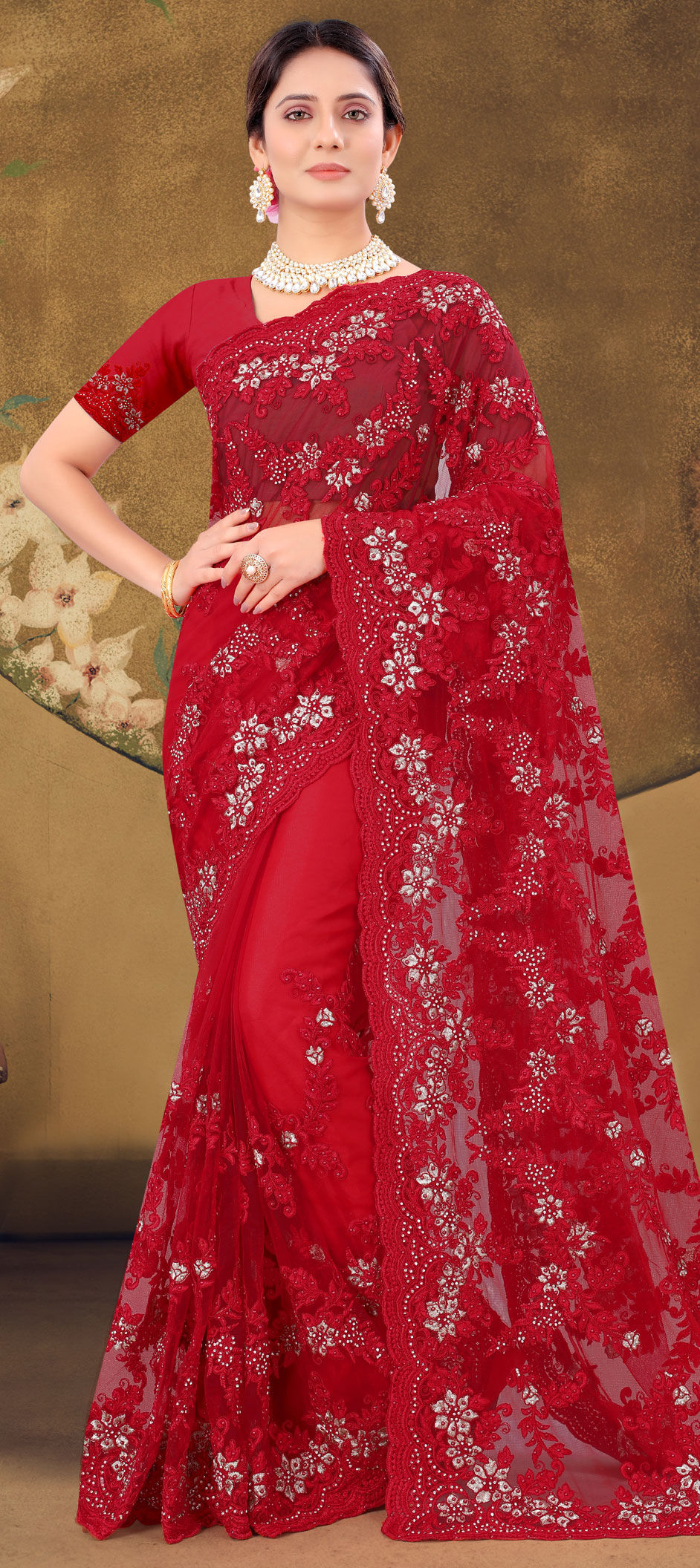 Bridal, Wedding Red and Maroon color Net fabric Saree 1745141