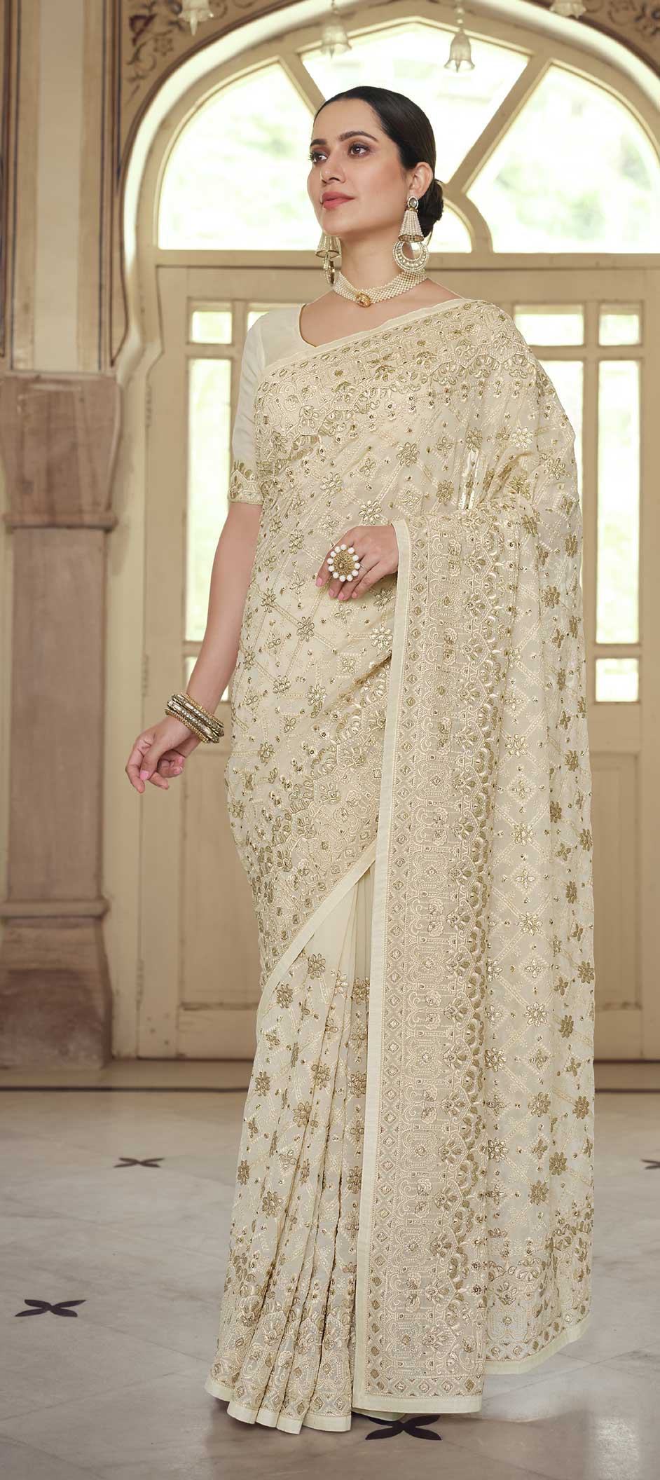 Bridal, Wedding White and Off White color Georgette fabric Saree