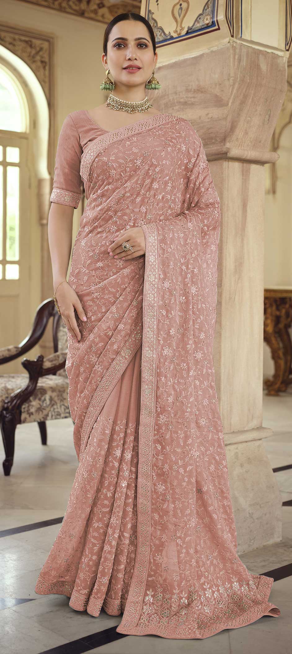 Wedding Designer Onion Pink Color Bridal Saree With Blouse