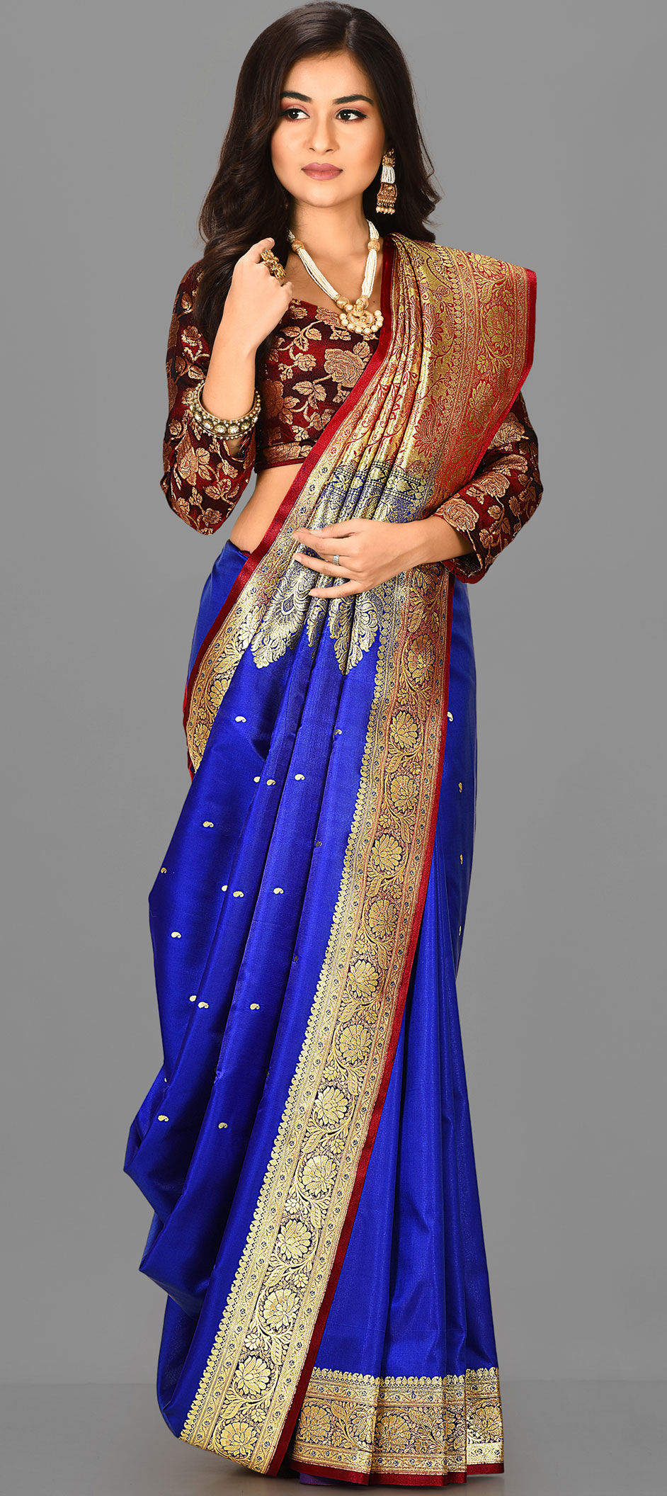 royal blue and gold saree