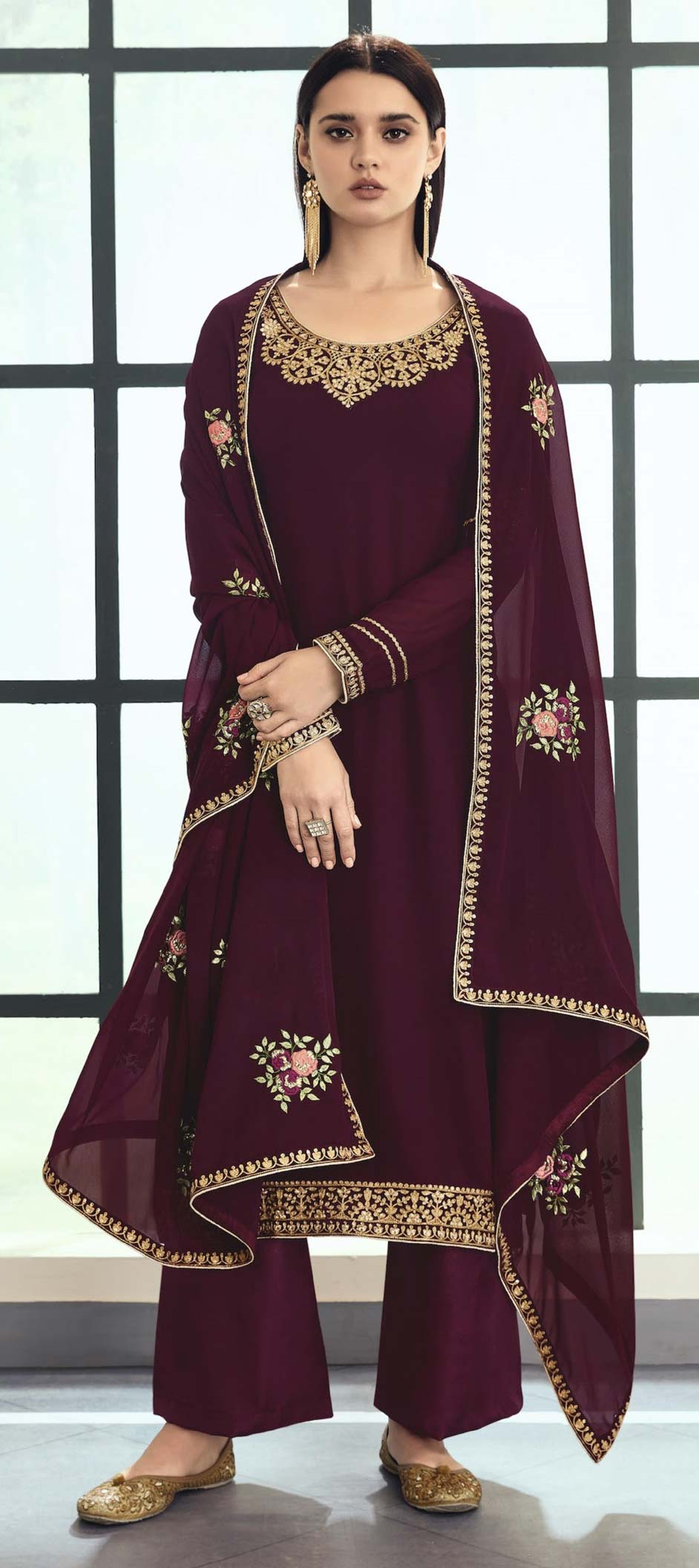 Fabulous Purple Georgette Festive Pant Salwar Suit
