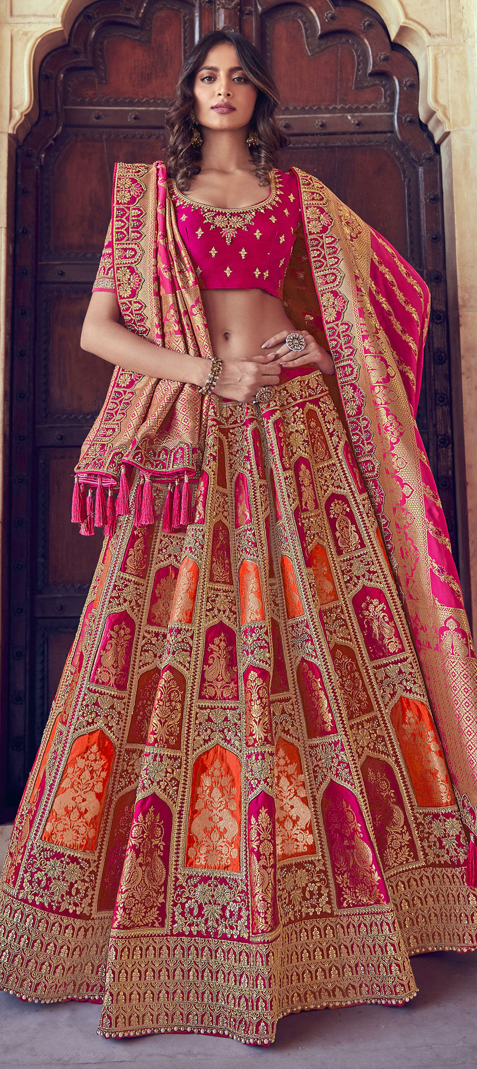 South Indian Lehenga Choli In Red and Yellow Color Silk fabric