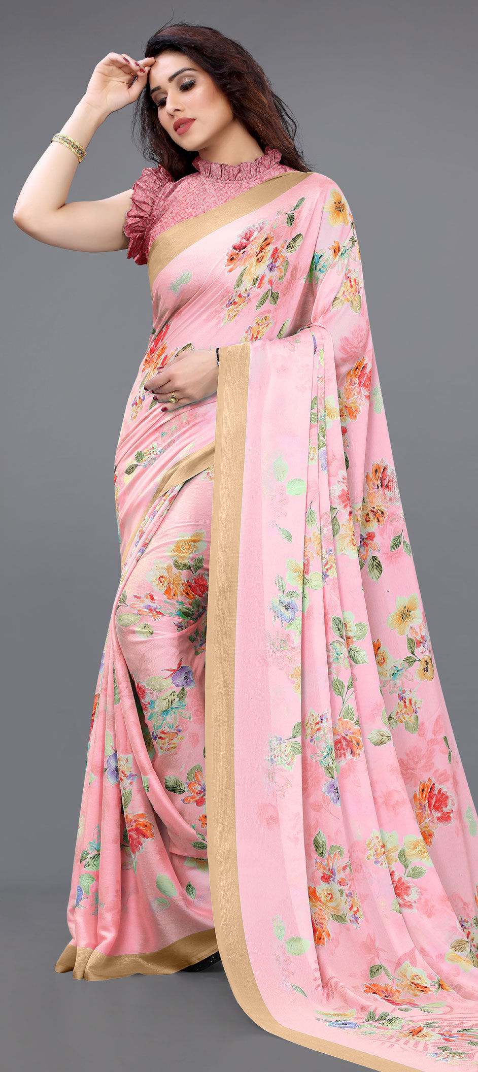 Casual Party Wear Pink And Majenta Color Faux Georgette Fabric Saree 1755959 