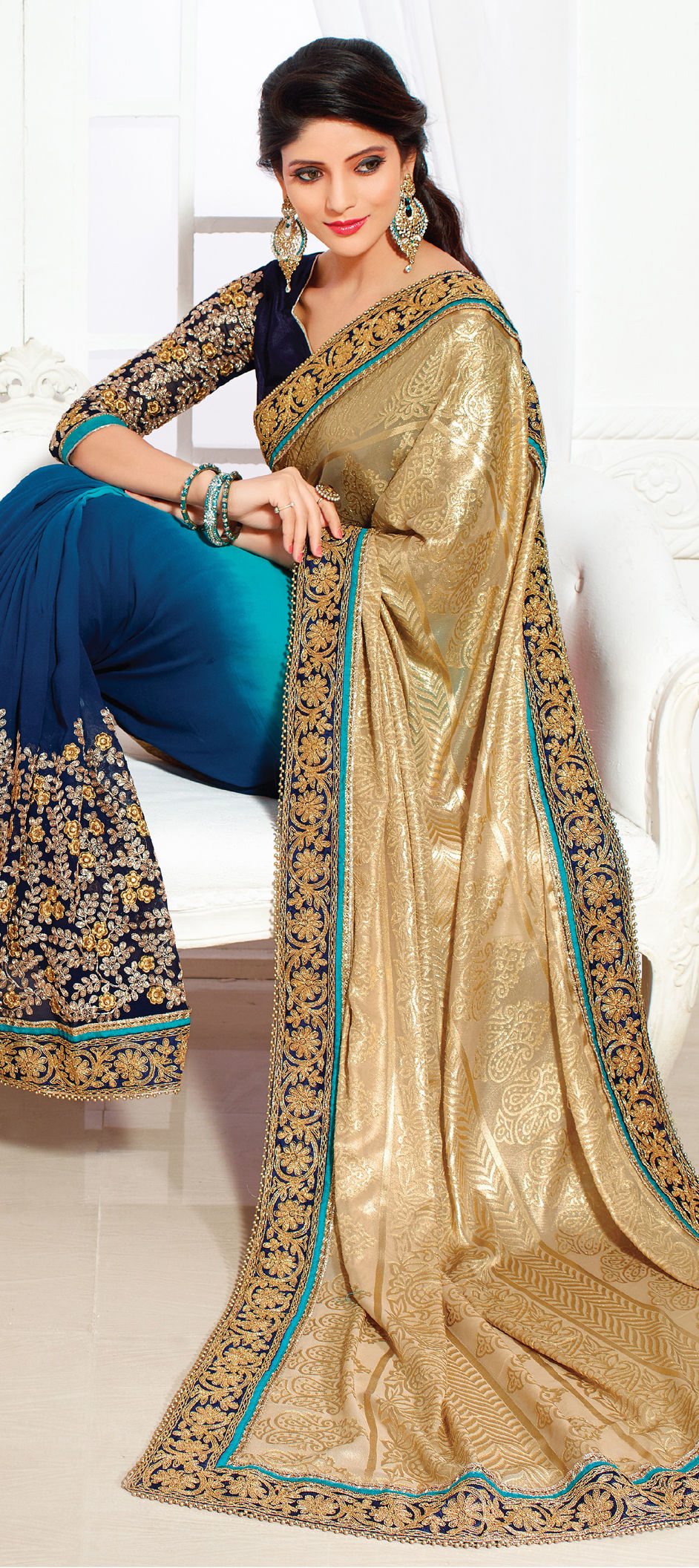 175696 Beige and Brown, Blue color family Bridal Wedding Sarees, Party