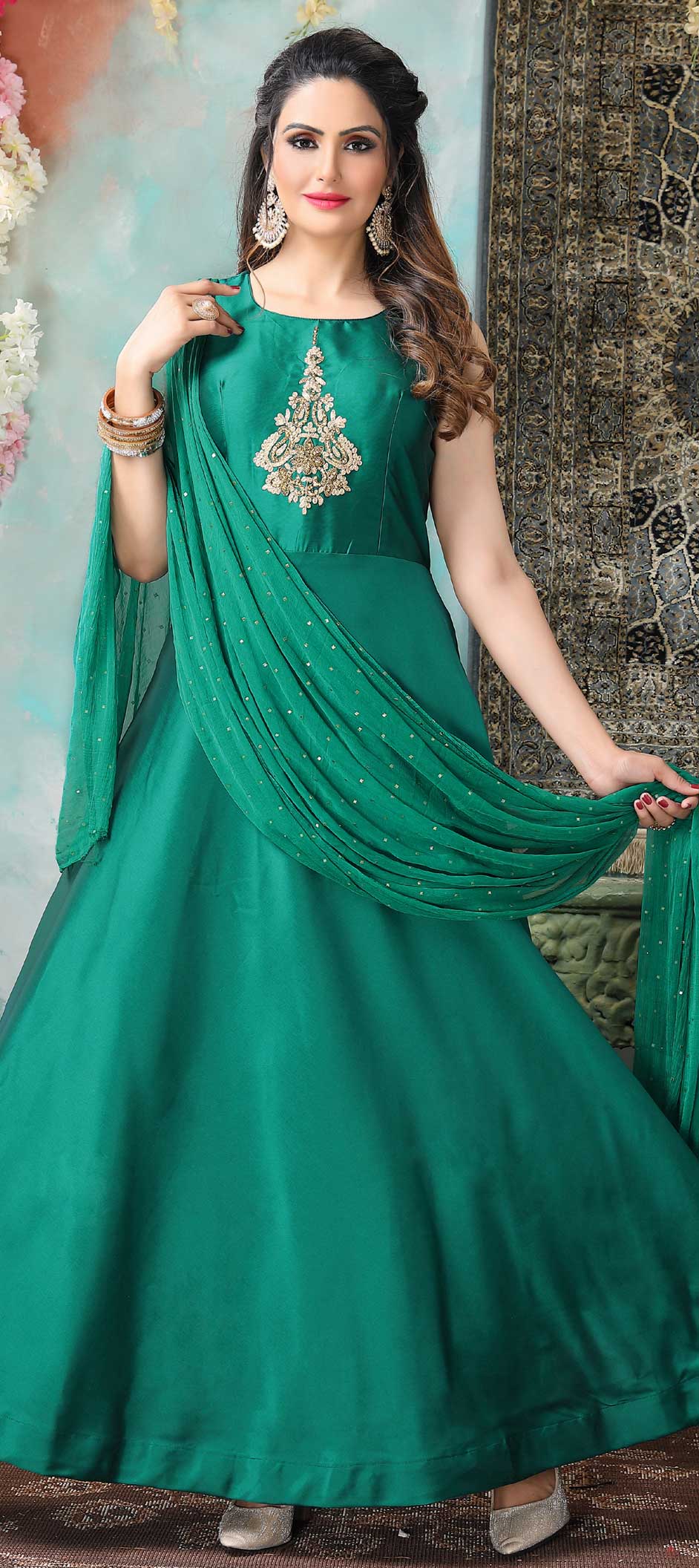 Festive, Party Wear Green color Satin Silk fabric Salwar Kameez 1758037