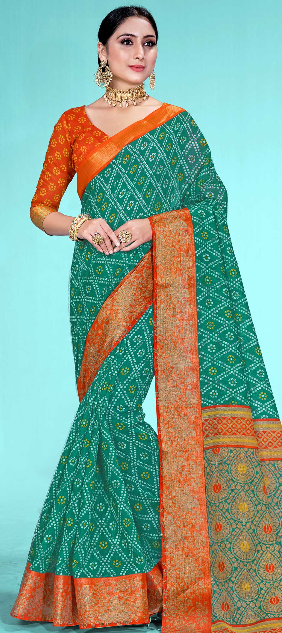 Orange jacquard puresilk half-saree, contrast zari border & blouse features  traditional designs, intricate jaal dhavani