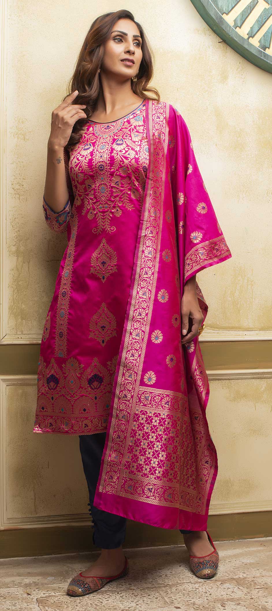 Sleek Pink Banarasi Designer Party Wear Heavy Salwar Suit Collection With Pink Santoon
