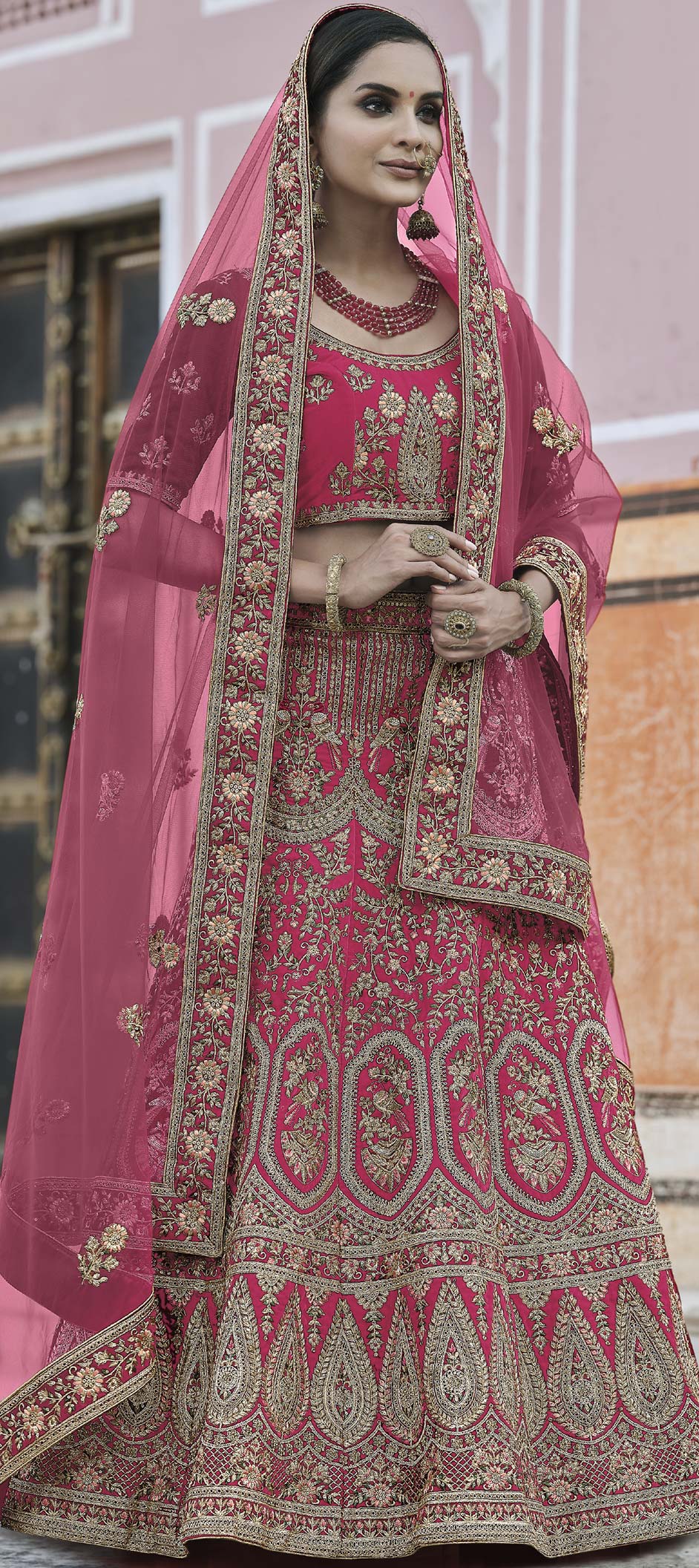 Bridal, Wedding Pink and Majenta color Velvet fabric Lehenga : 1764036